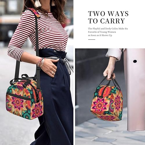 Miniatura 6 de Bolsa de almuerzo con estampado de flores coloridas de mandala bohemio para mujeres y hombres, aislada, impermeable, a prueba de fugas, bolsa de