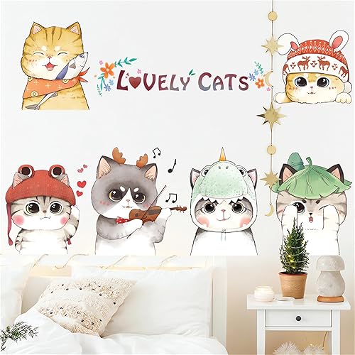 Calcomanías de pared de seis lindos gatitos, gatos encantadores de sacinora pintadas a mano, calcomanías de pared de animales de dibujos animados,