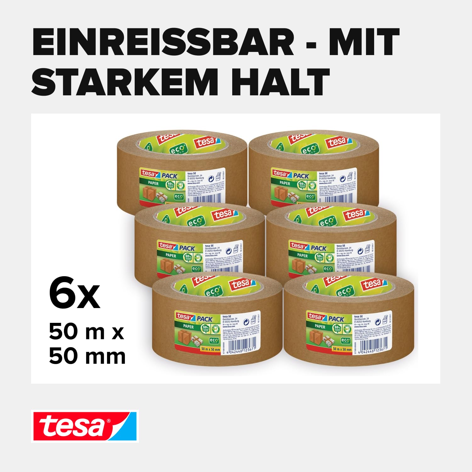 tesa Pack of 6 Paper ecoLogo Environmentally Friendly Paper Parcel Tape 60% Bio-Based Material Brown 6 Rolls Each 50 m