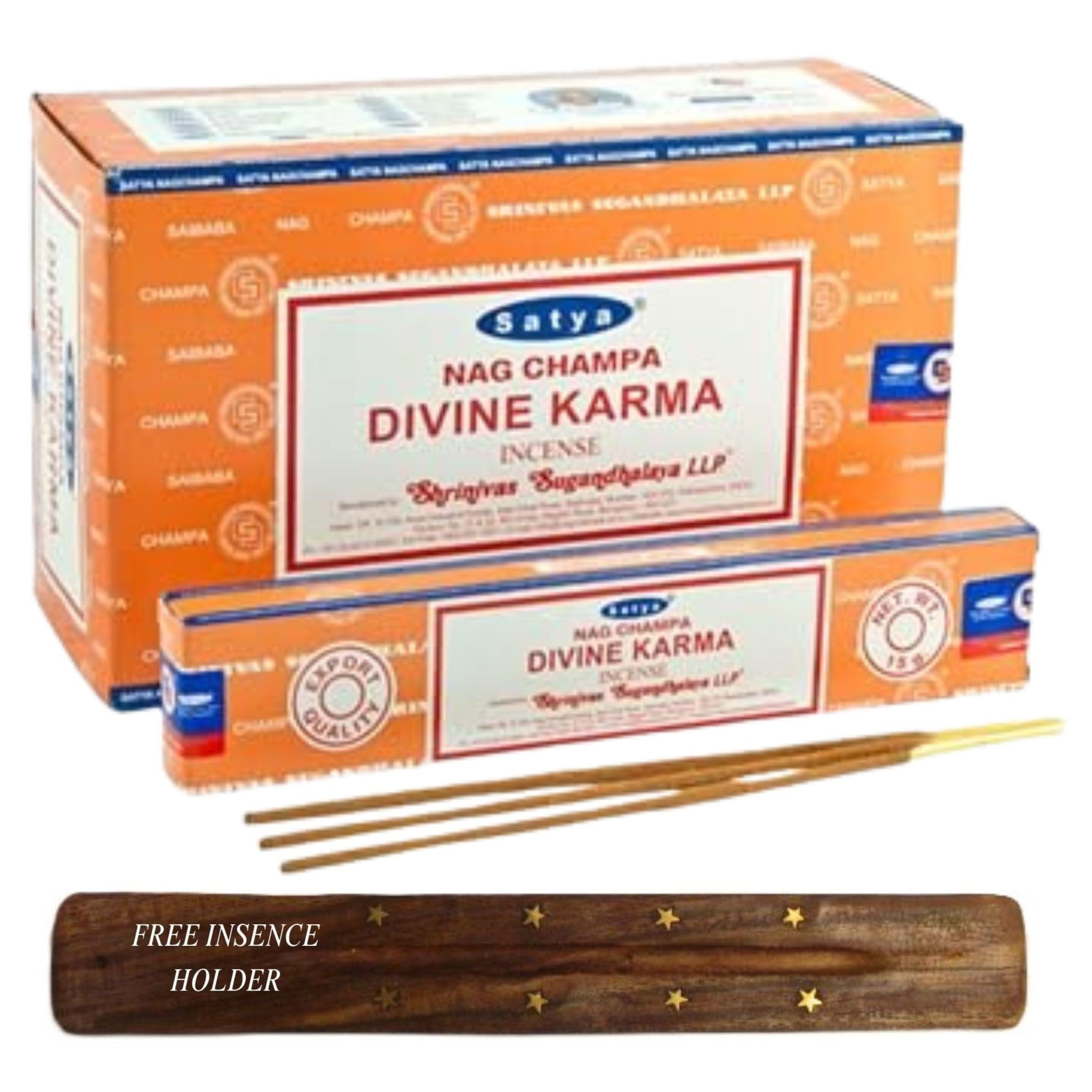 Original Satya Nag Champa Incense Sticks Full Box 12pack for Aromatherapy, Spa, Yoga, Meditation, Healing, Positivity and Relaxation Free Incense Holder (Divine Karma)