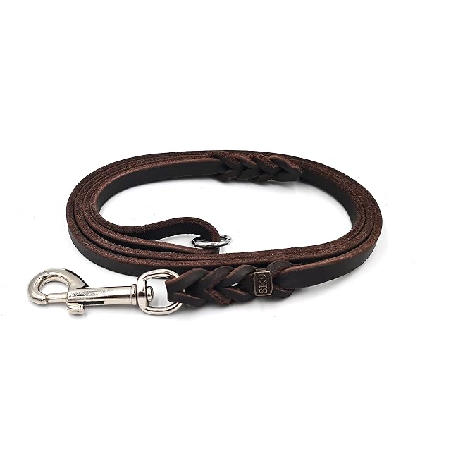 Foto 3 de 4 de SK9 Correa Perro Pequeño Mediano Cuero Genuino Trenzado y Mosquetón Acero Cromado (10 mm X 150 cm, Marón)