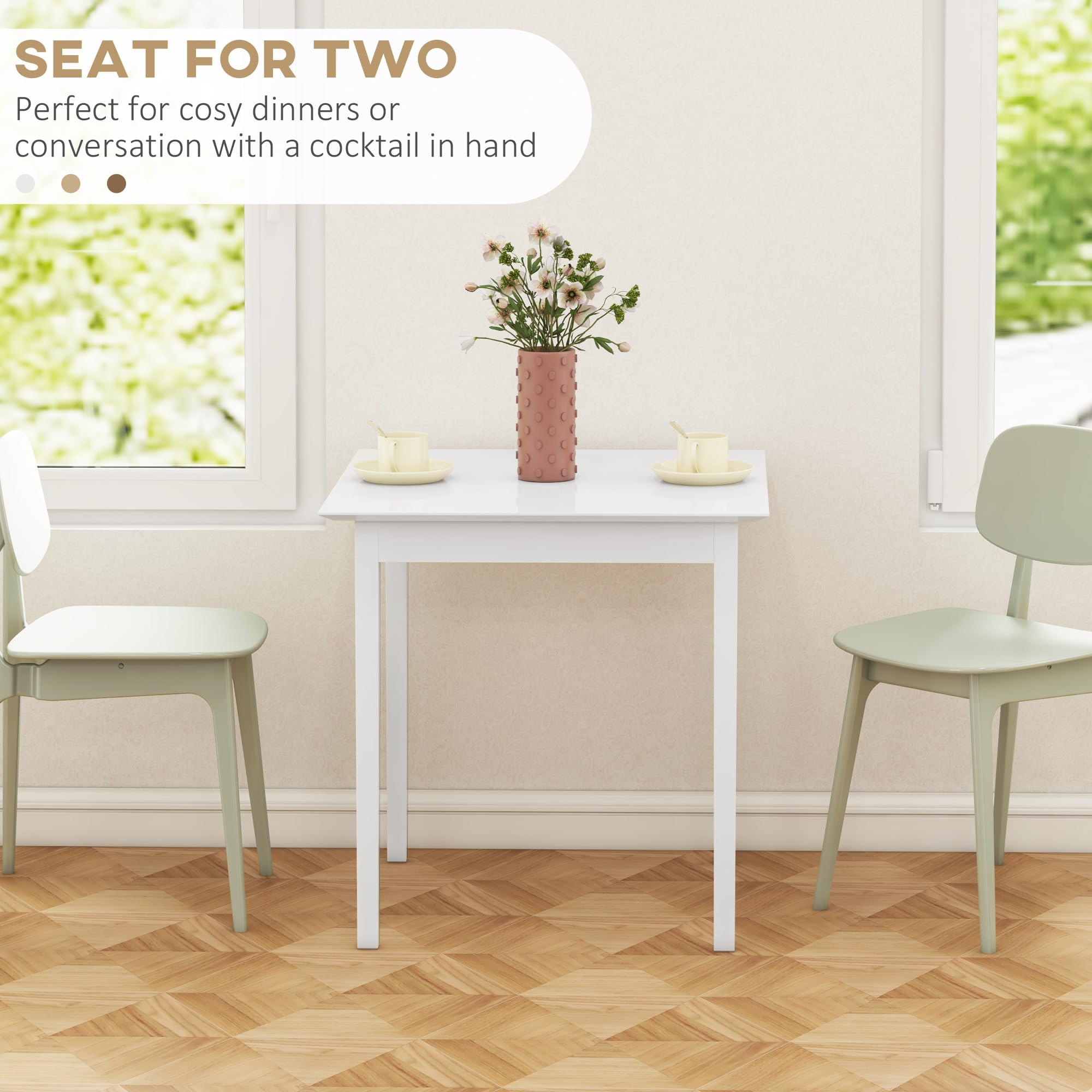 HOMCOM Tavolo da pranzo Tavolo da cucina Tavolo da pranzo quadrato per 2 persone, tavolo da soggiorno in legno massiccio, per cucina, sala da pranzo, bianco, 75 x 75 x 76 cm