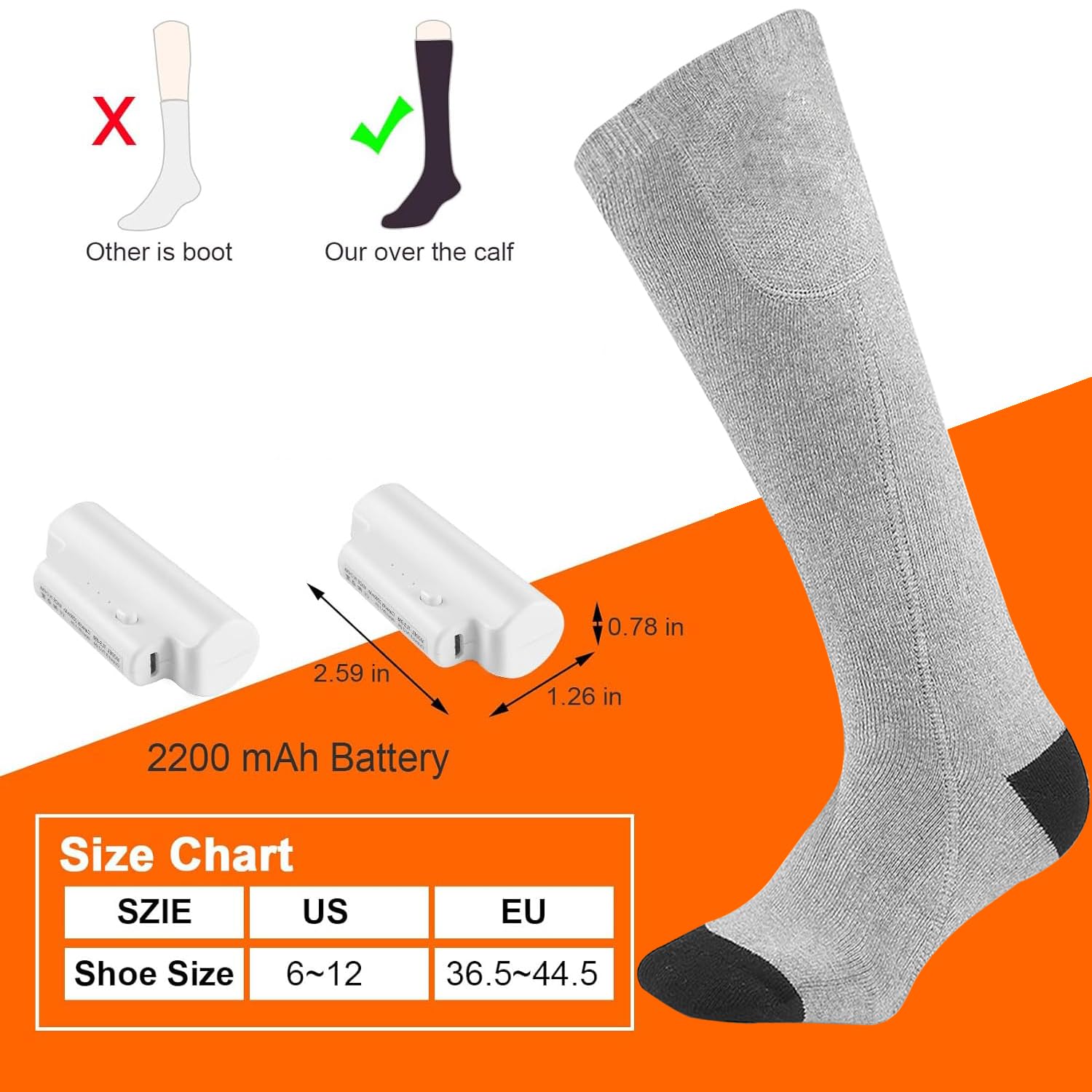 Chaussettes Chauffantes électriques Rechargeables – 3 Niveaux, Batterie 2200 MAh, Jusqu'à 65 °C