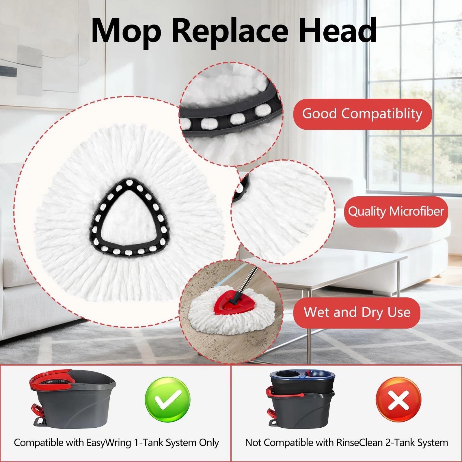 Spin Mop Ricambio Testa Spin Mop Ricariche Compatibile con O Cedar 1-Tank Spin Mop Maniglia, 3 ricariche in microfibra, 1 copertura per testa triangolare, 1 testa di lavaggio e manico per Ocedar