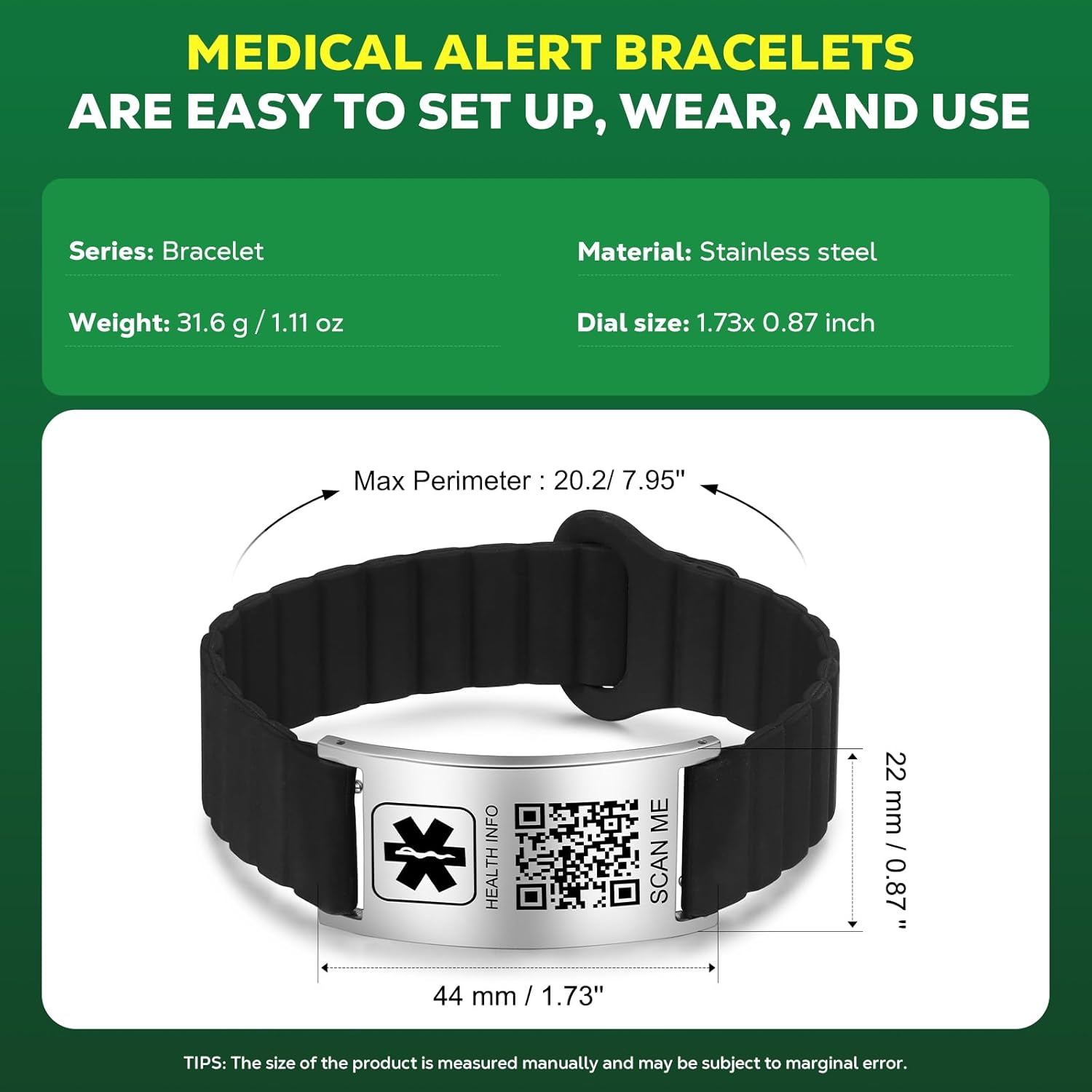 Medical Bracelets for Men Women with QR Code Medical Alert ID Bracelets for Sport Travel - Silicone Waterproof Wristband Fits Wrists Up to 8 inches - More Space Custom Emergency Medic ID Alert Information