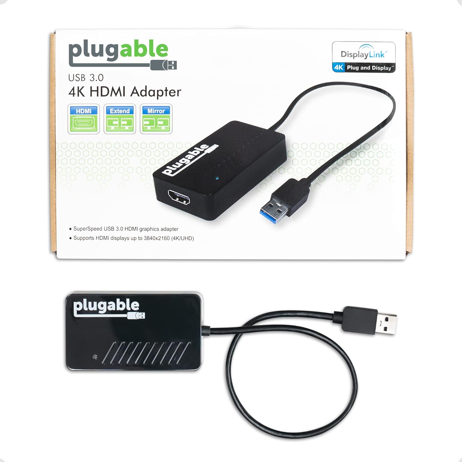 Plugable USB 3.0 to HDMI 4K Adapter in packaging and standalone