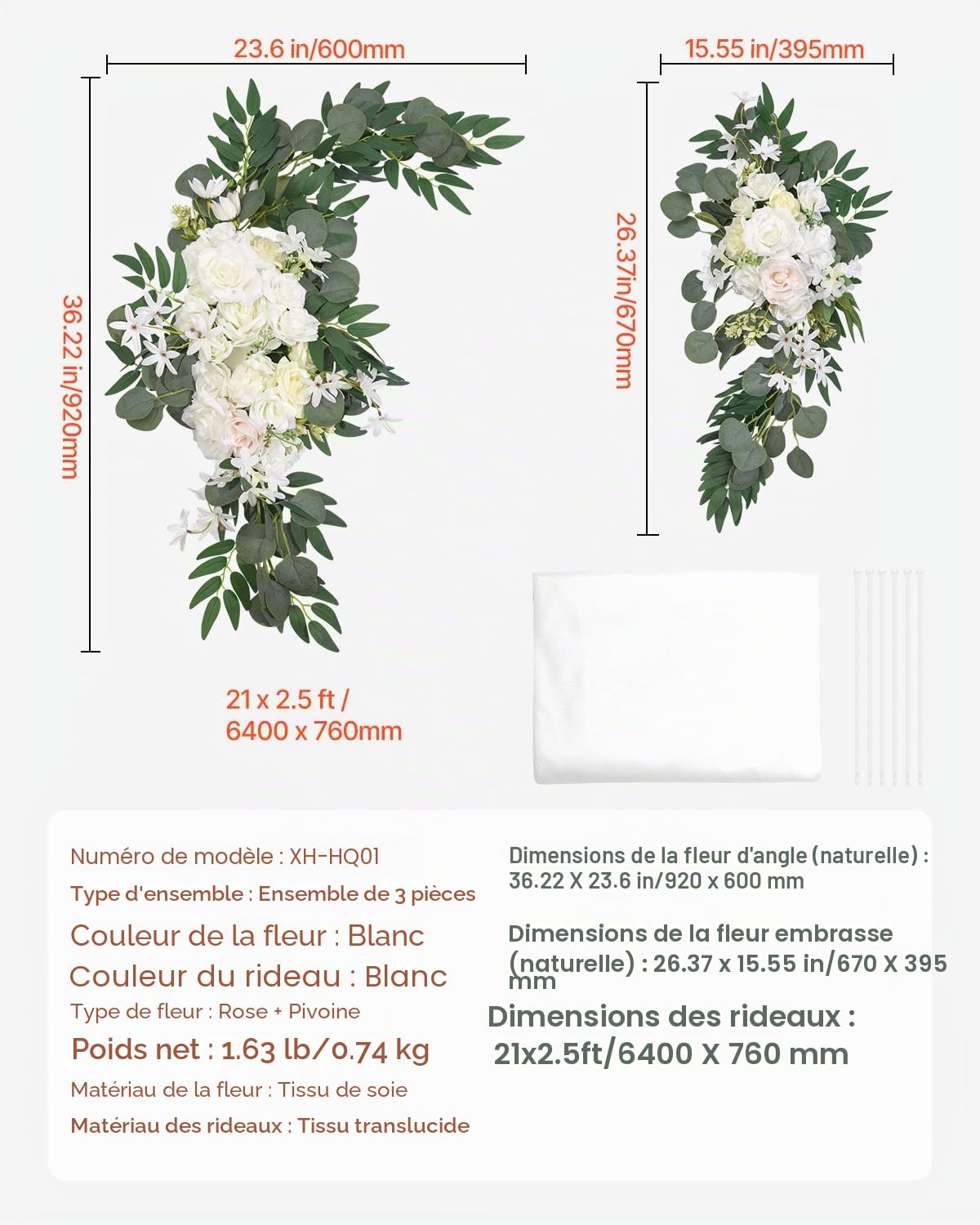 VEVOR Kit Fleurs Artificielles pour Arche de Mariage avec 2 Bouquets de Fleurs, 1 Rideau Translucide, pour Décoration de Célébrations de Cérémonie, de Toile de Fond de Réception, Événements, Blanc