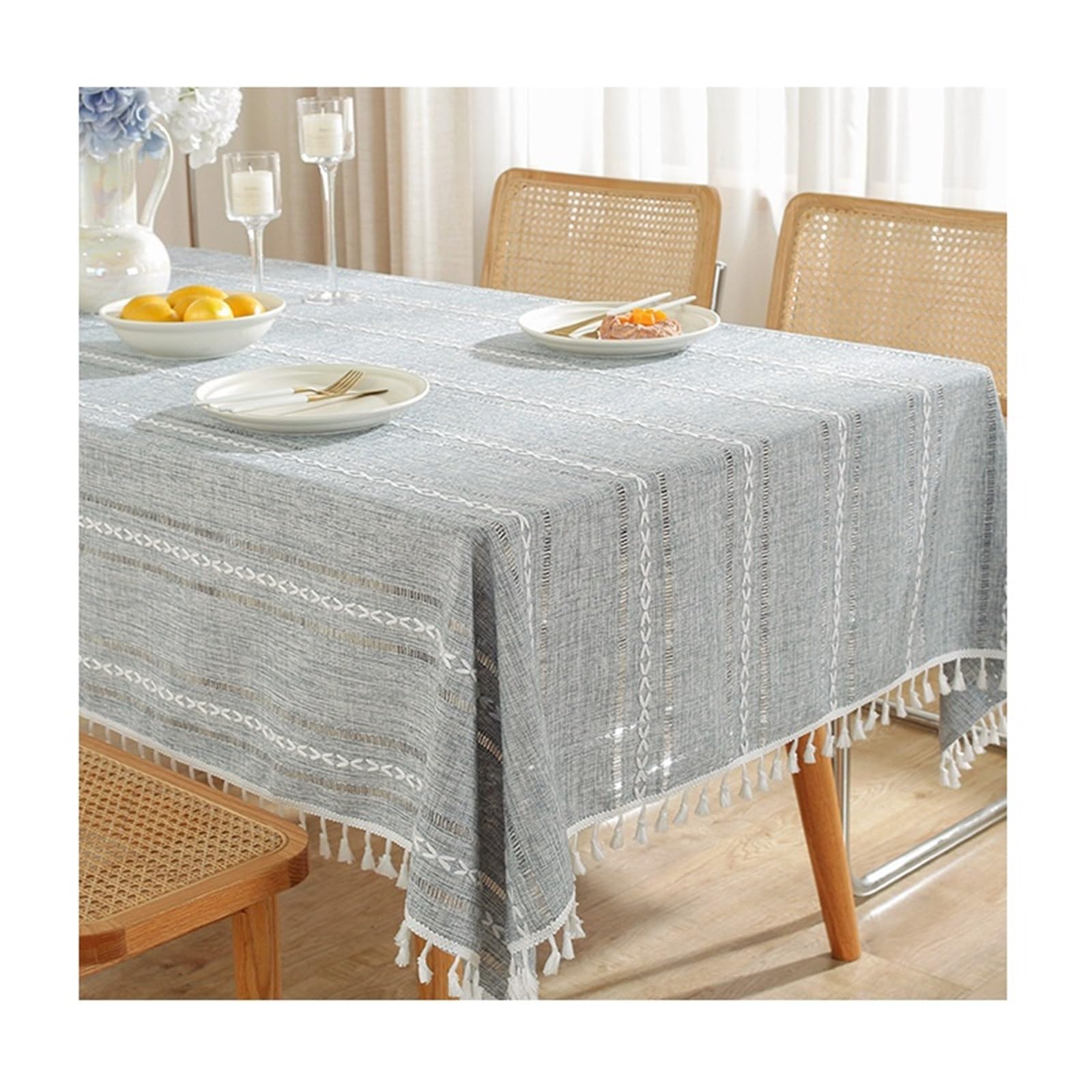 FonHNDG Striped Tablecloth Rustic Embroidery Table Cloth, Cotton Linen Stripe Tassel Tablecloth Antifouling Dust Proof Cover For Kitchen Dining Decor(Blue,90x140cm)