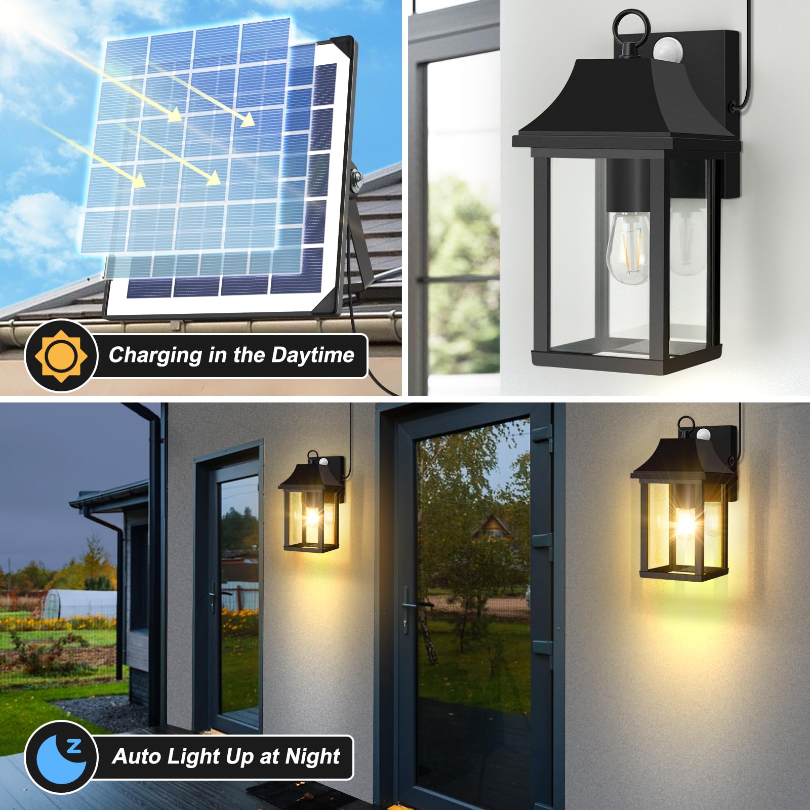 2 Pack Solar Porch Lights Outdoor, Dusk to Dawn Motion Sensor Solar Wall Lantern with 3 Modes, Separate Panel & Battery Replaceable Exterior Waterproof Wall Sconce Lighting Lamp for House Garage Patio
