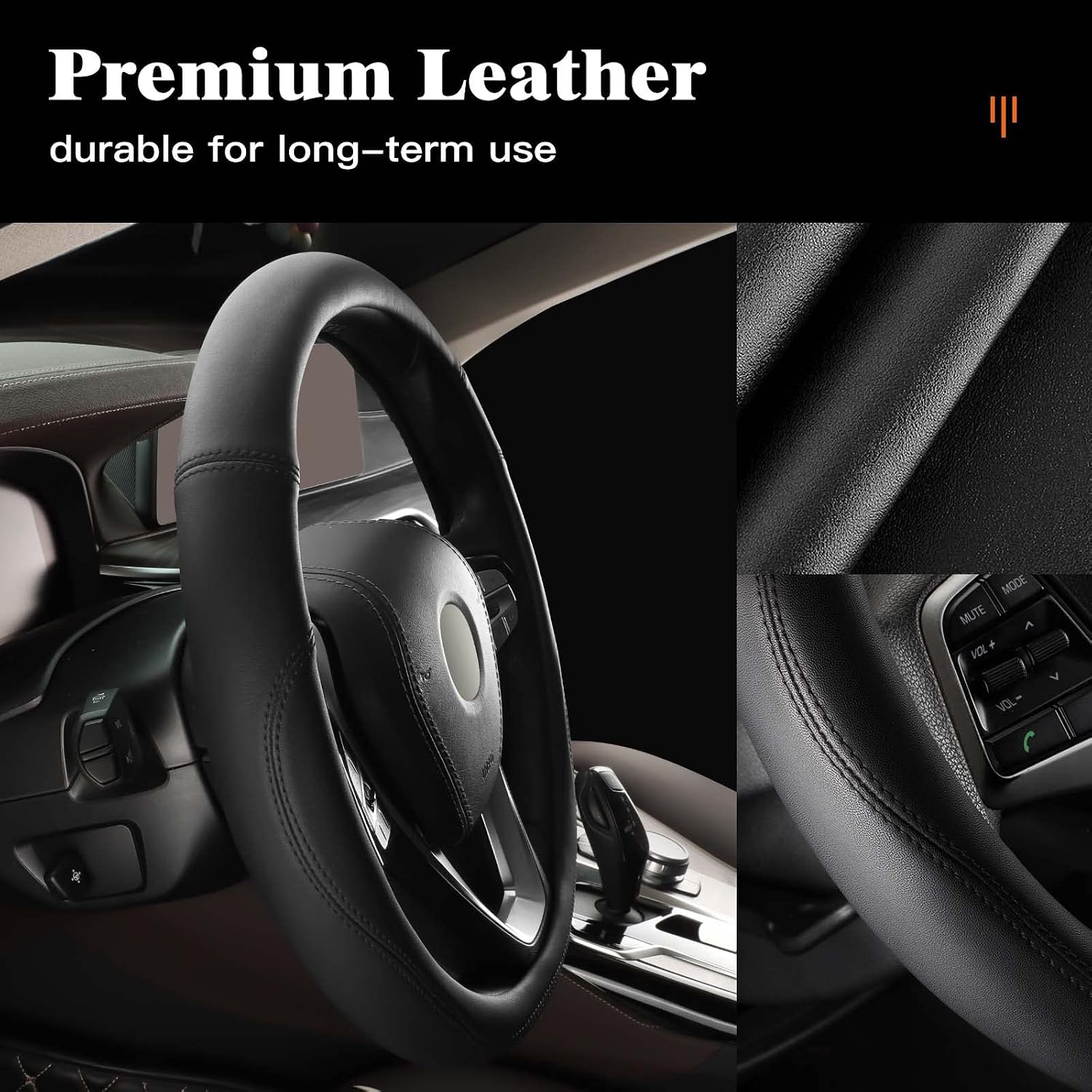 HOTOR Car Steering Wheel Cover - Universal Car Accessory for Diverse Cars, Durable Leather Steering Wheel Cover with Anti-Slip Lining, for Steering Wheel with a Diameter of 14.5"-15",Black