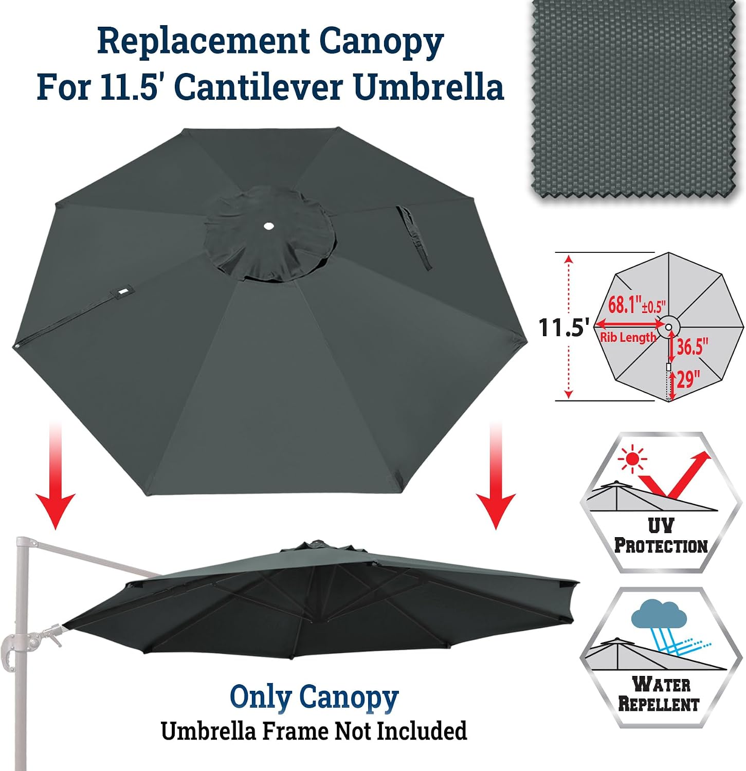 Round Replacement Canopy Cover for 11.5' 7 Ribs Roma Cantilever Patio Umbrella Parasol Top