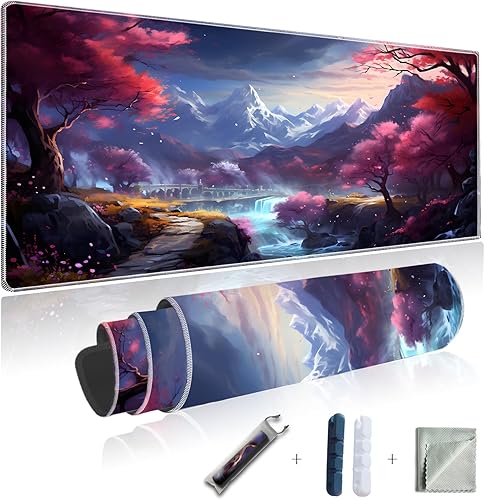 Alfombrilla de mouse blanca para juegos con flor de cerezo japonés, XXL grande, alfombrilla de mouse de anime para computadora portátil para juegos,