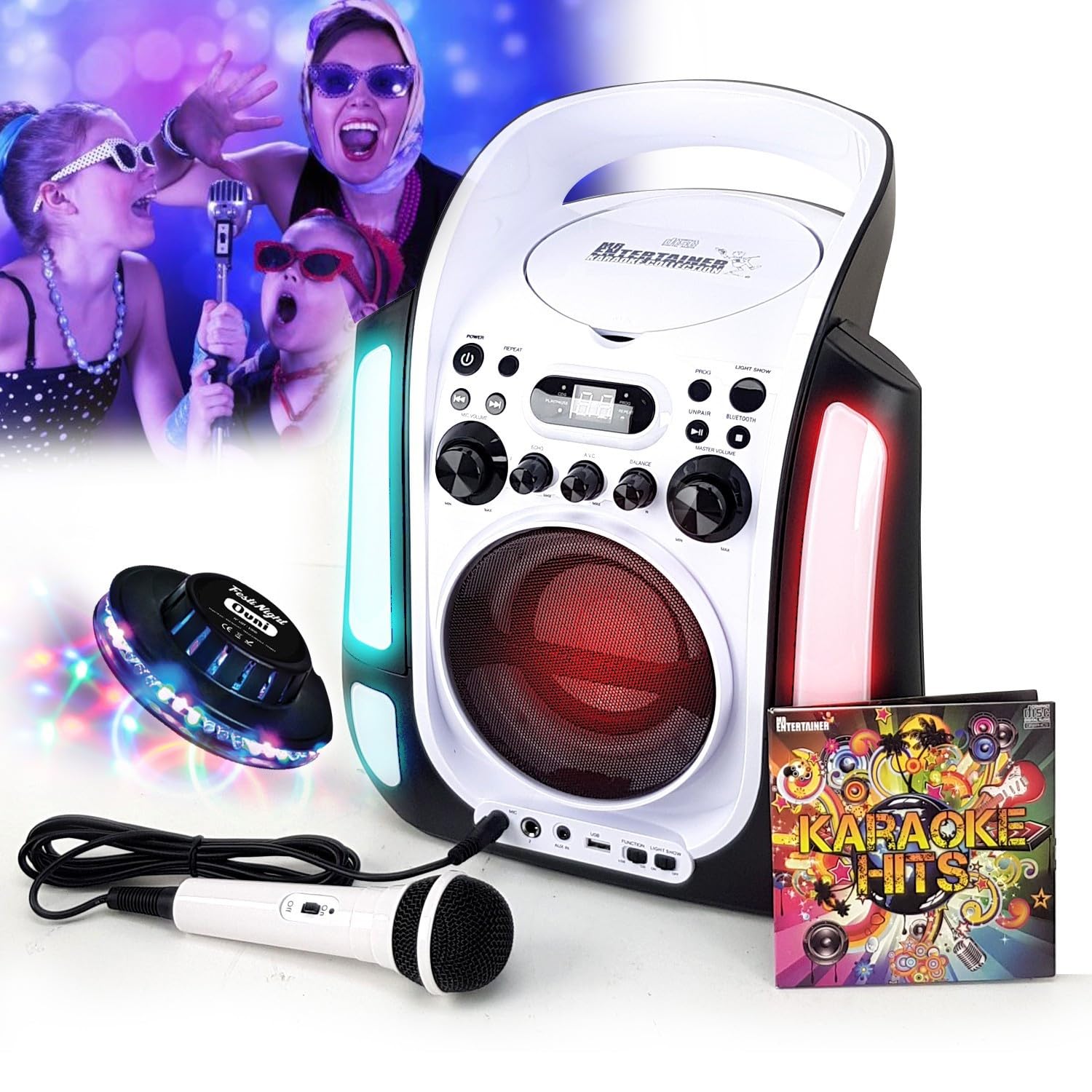PM - Altoparlante lettore per karaoke per bambini, LED, USB, Bluetooth, eco, regolabile, microfono + CD audio, 12 ore di autonomia + luce OVNI