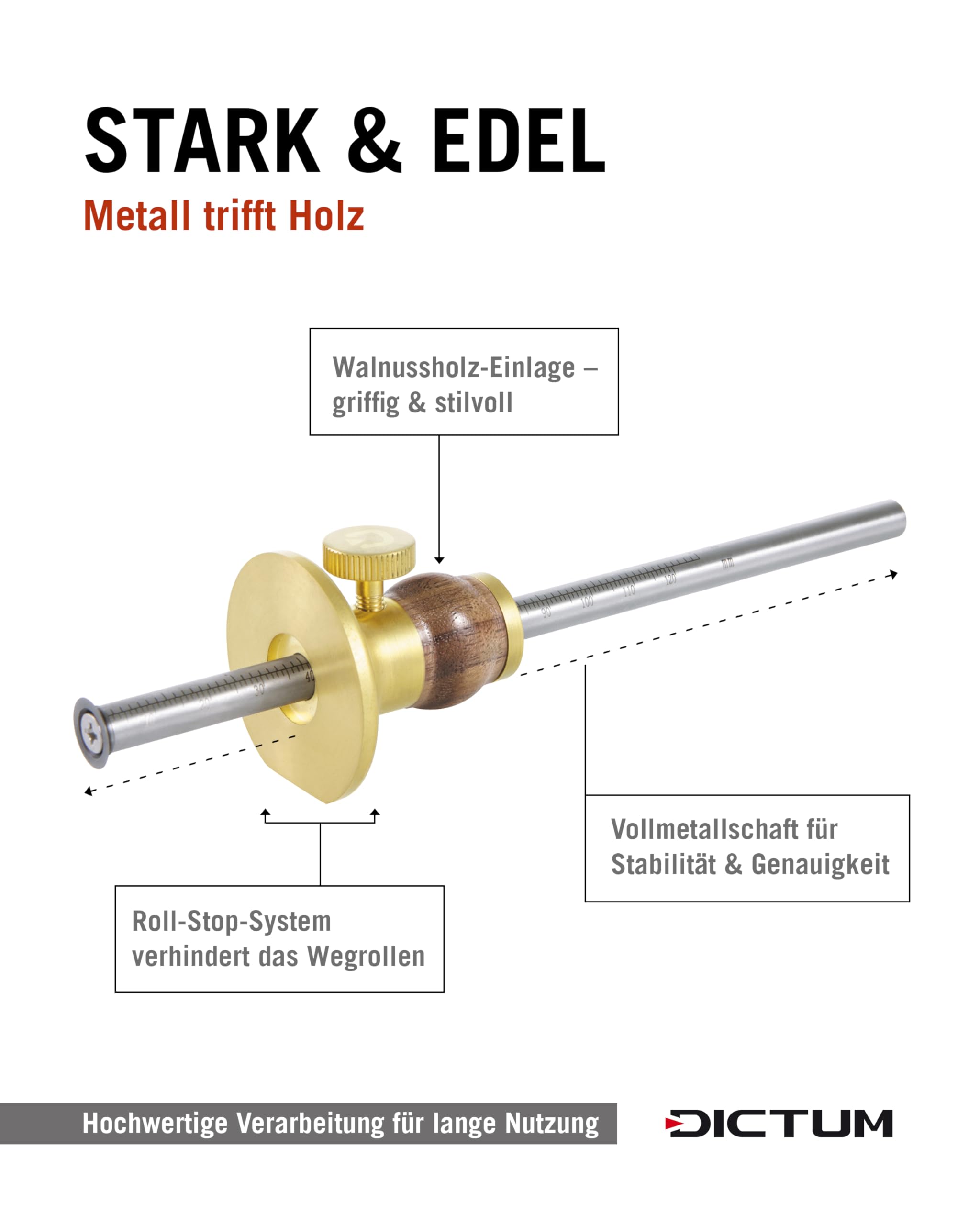 DICTUM Streichmaß Holz – Präzises Streichmass mit Metallschaft & Rundmesser | Anreißwerkzeug für Holz mit Skala, Messinganschlag & ergonomischem Griff