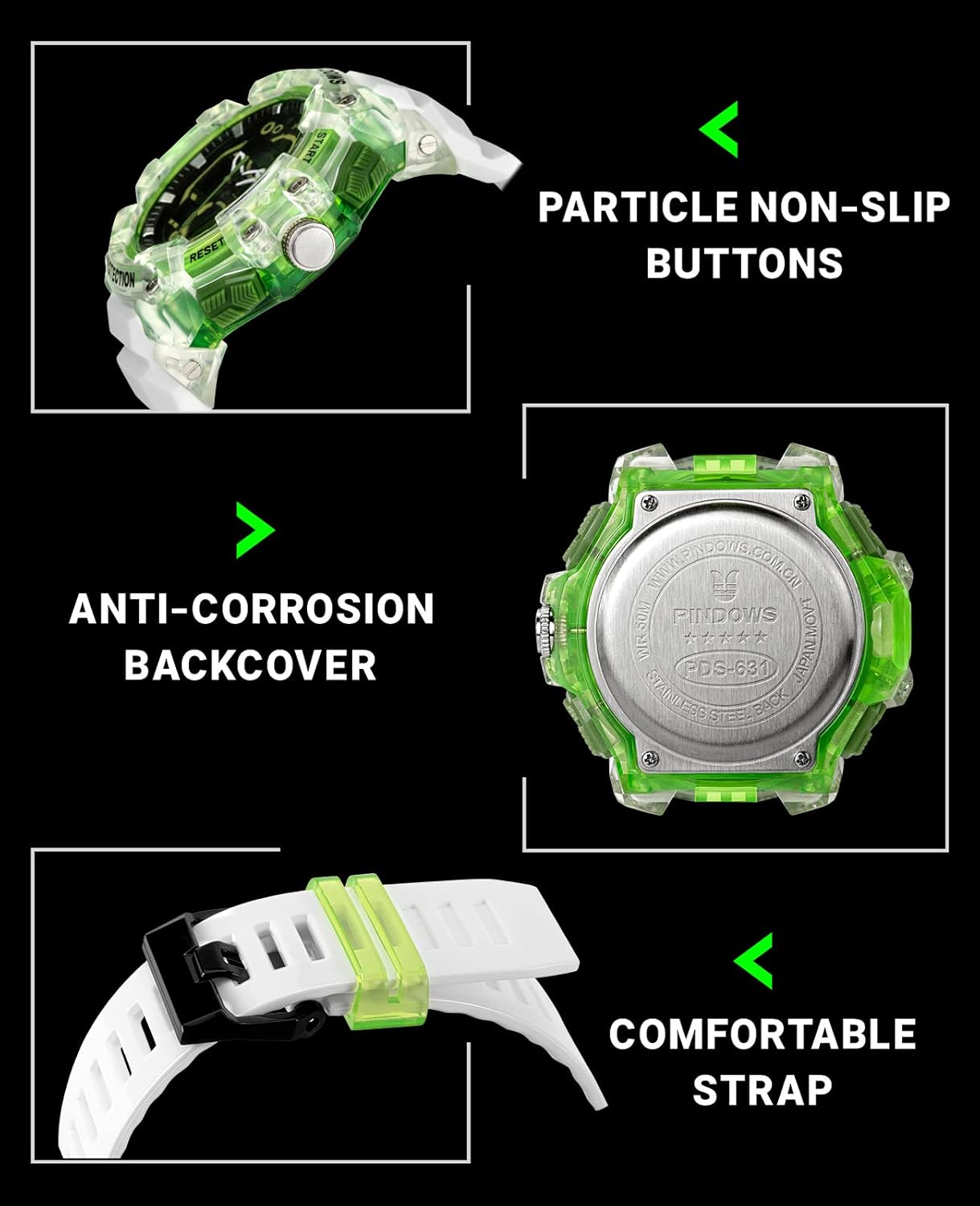 Miniatura 5 de PINDOWS Reloj deportivo digital para hombre, reloj militar impermeable para exteriores, LED, luminoso, grande, doble pantalla con cronómetro de