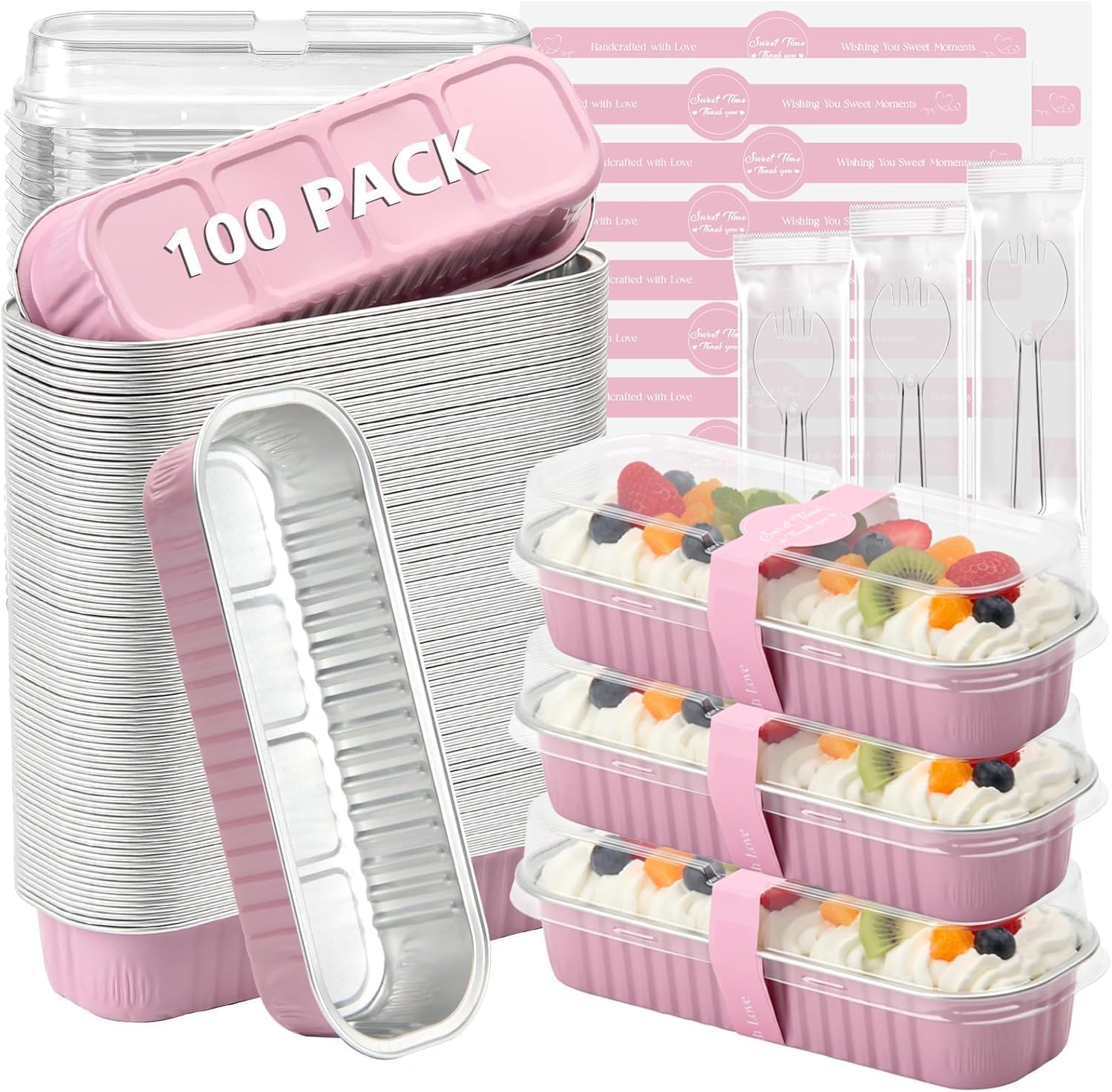 YEENAIV 100 Pack Mini Foil Cake Pan, Loaf Tins Cake Cases with Lids Spoons