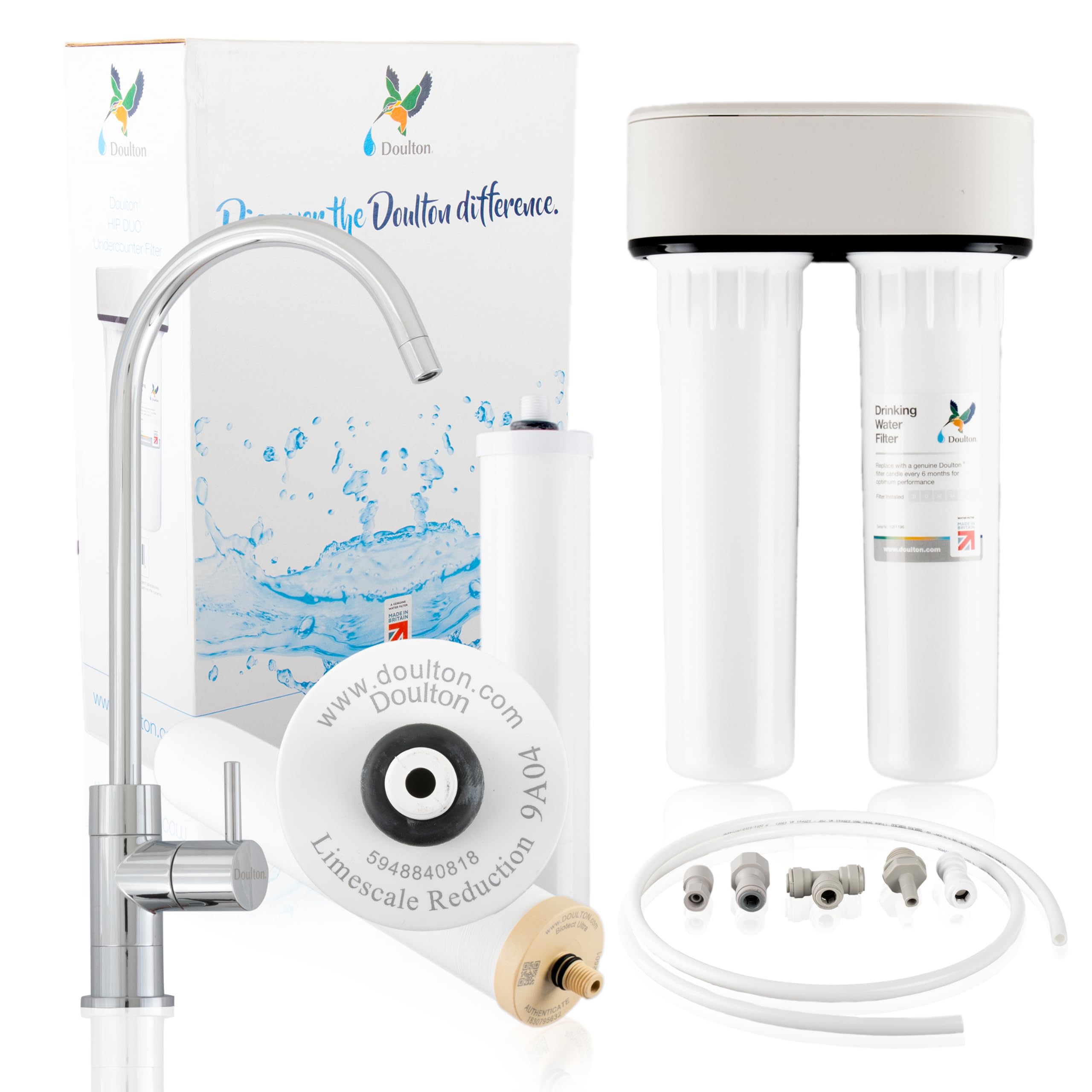 Doulton HIP Duo Antical + Filtro de agua Biotect Ultra + Grifo de columna | Incluye: sistema HIP Duo, cartuchos de reducción de cal y Biotect Ultra, Sistema para debajo del fregadero