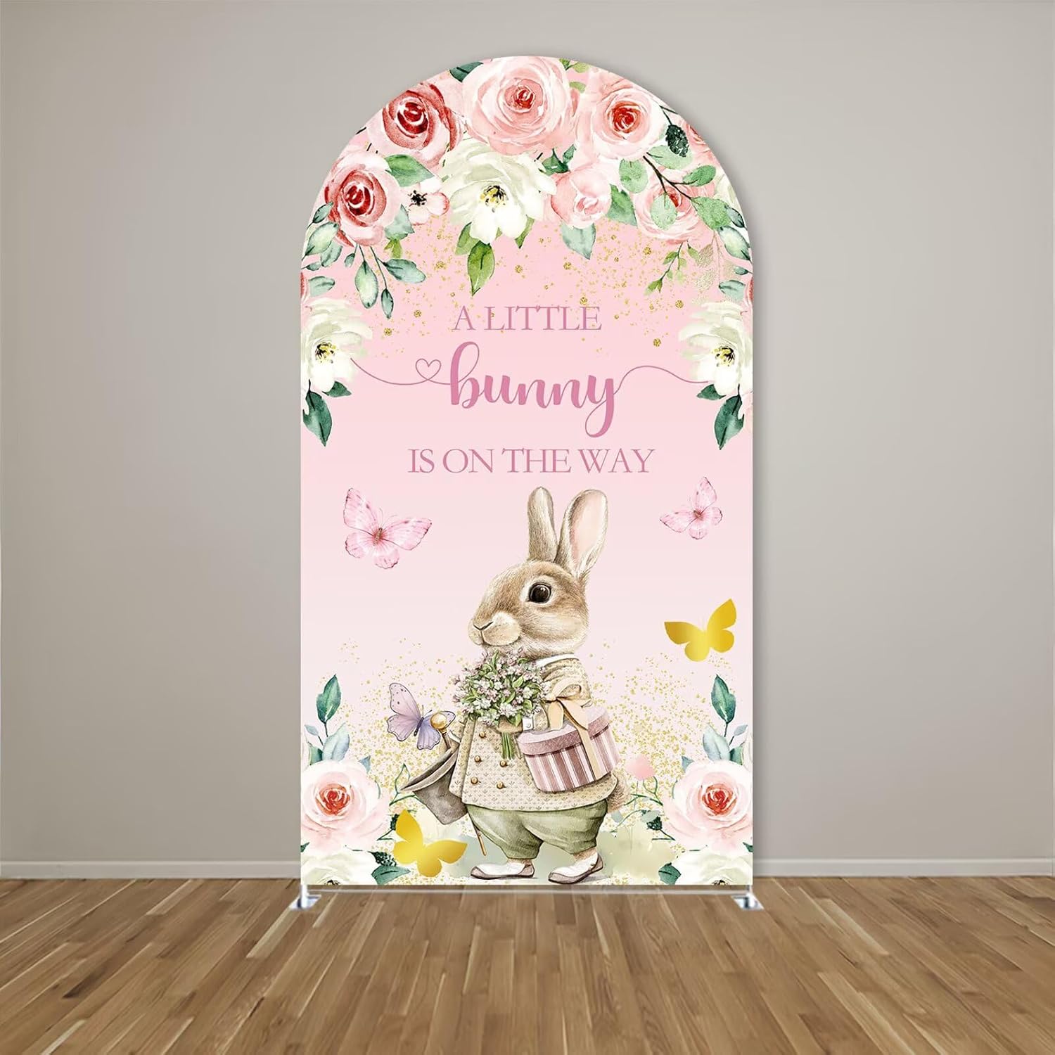 A Little Bunny is On The Way Arched Backdrop Cover Flowers Rabbit Arch Stand Fabric Cover for Floral Bunny Girls Baby Shower Party Decoration (No Stand!)
