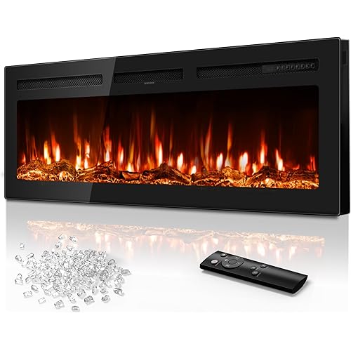 Tehanld 50 Inch Electric Fireplace in-Wall Recessed and Wall Mounted, Ultra-Thin Linear Fireplace Heater 750/1500W with Realistic Flame, Higher Temperatures & Lower Noise, Log Set & Crystal Options