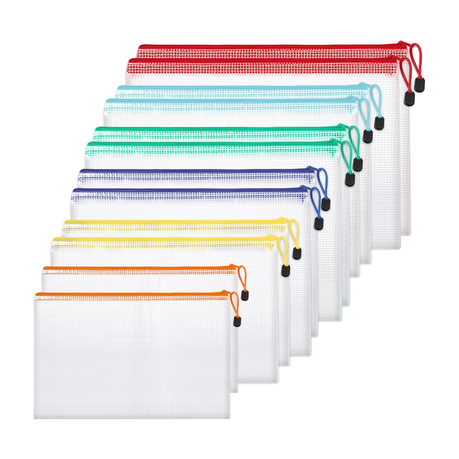 12 Stück Dokumententasche, 6 Größen Reißverschlusstasche A4 A5 A6 B4 B5 B6 Wasserdichte Dokumentenmappe mit Reißverschluss für Datei Prüfungsunterlagen Bücher Schule Reise (6 Farben)