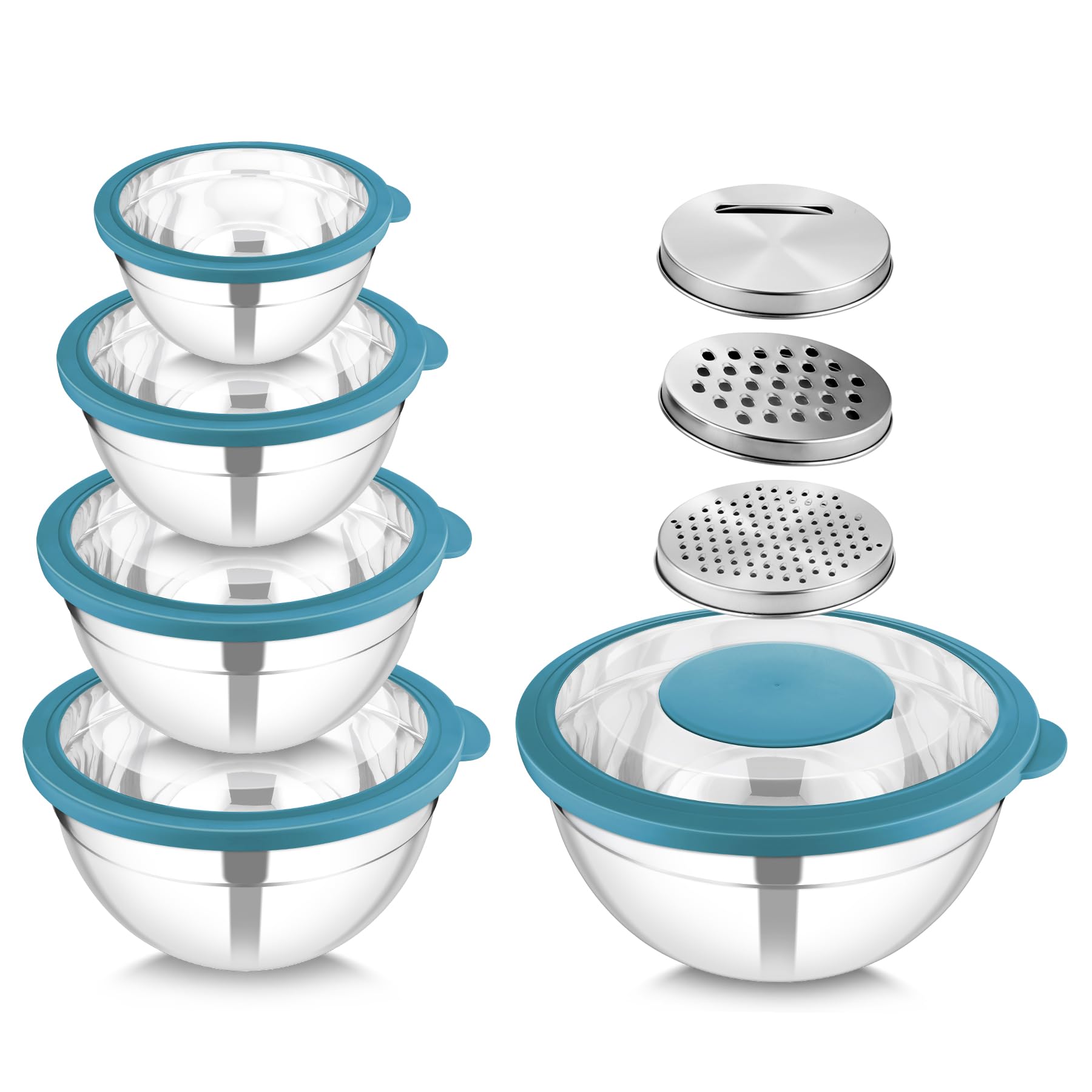 HaWare Mixing Bowls with Lids Set, 5PCS Stainless Steel Nesting Bowls for Kitchen, 3 Graters Attachments, Clear Lids, Airtight for Food Prep, Baking, Storage (4.6/2.8/1.6/1.2/0.7 L, Blue)