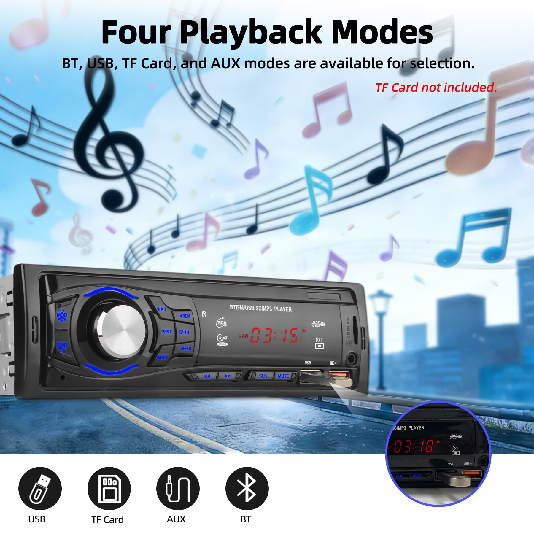 Autoradio Bluetooth 1 DIN - Stereo Auto con 2 Porte USB, Vivavoce Bluetooth, Radio FM, Supporto MP3 via USB/SD/AUX, Telecomando Incluso - Autoradio per auto 12V (nero)