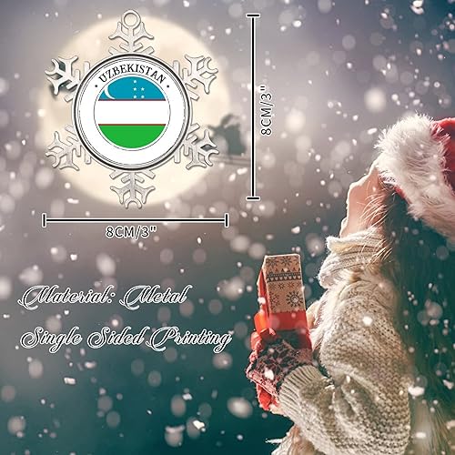 Vista 2 de Adorno de árbol de Navidad de Uzbekistán, bandera de Uzbekistán, novedad de metal, copo de nieve, adornos de Navidad, regalo de bandera nacional