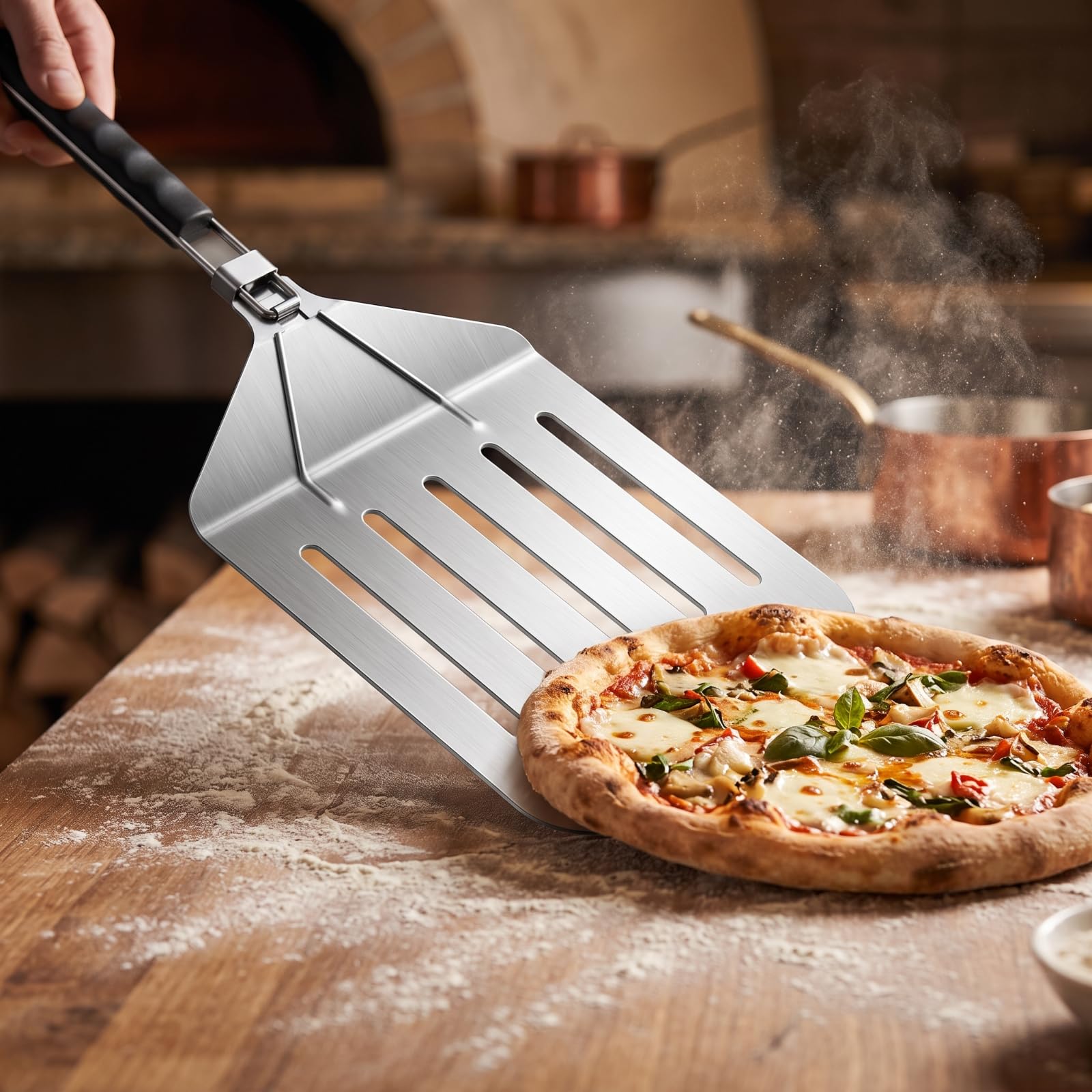 Spatola Pizza Pieghevole Paletta Pizza Pala Pizza Cucchiaio Pizza Accessorio Forno in Acciaio Inox con Pala Forata Antiattrito E Trasferimento Sicuro
