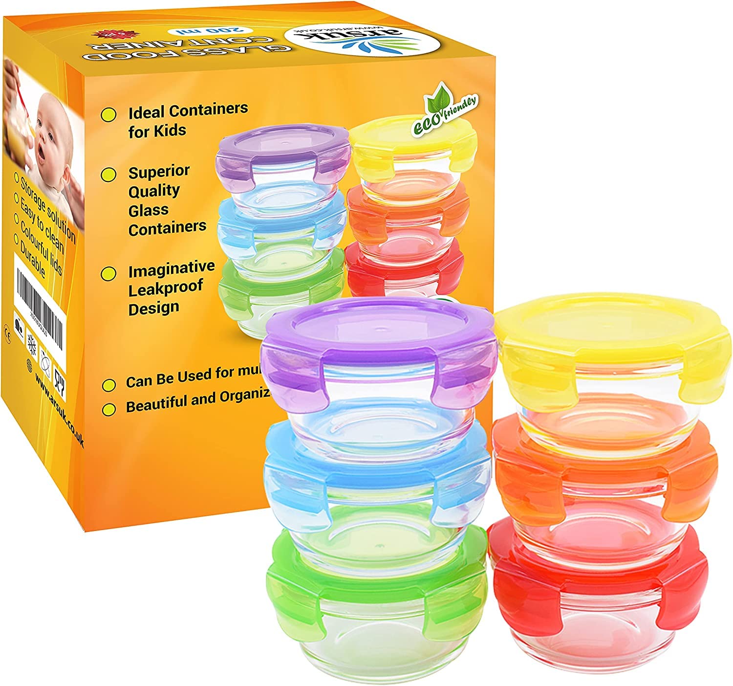 Arsuk Multicolor Baby Glass Food Containers With Lids (215Ml, 6Pcs) - Small Airtight Glass Jars For Freezer And Microwave - Ideal Storage For Lunch Box & Meal Prep - Bpa Free Toddler Snack Pots