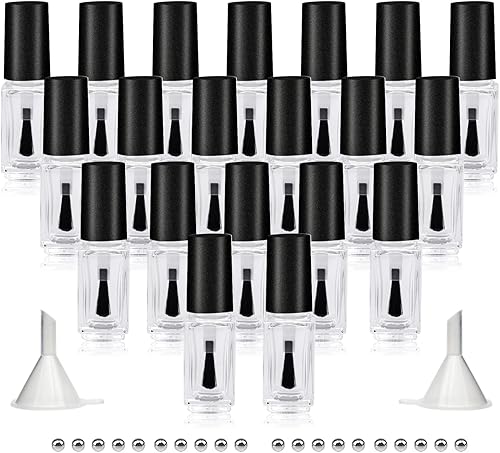 Agidea Botellas vacías de esmalte de uñas con cepillo redondo de 0.17 onzas líquidas, paquete de 20 recipientes pequeños de vidrio vacíos