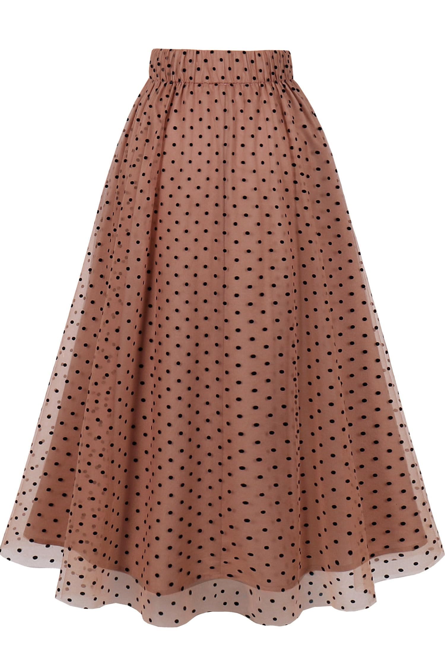 AXOE Donna Gonna Tulle Lunga Linea A Midi Elegante Elastico in Vita Alta Estiva Casual Ufficio caffè e Pois Nero, Taglia 40-44, S