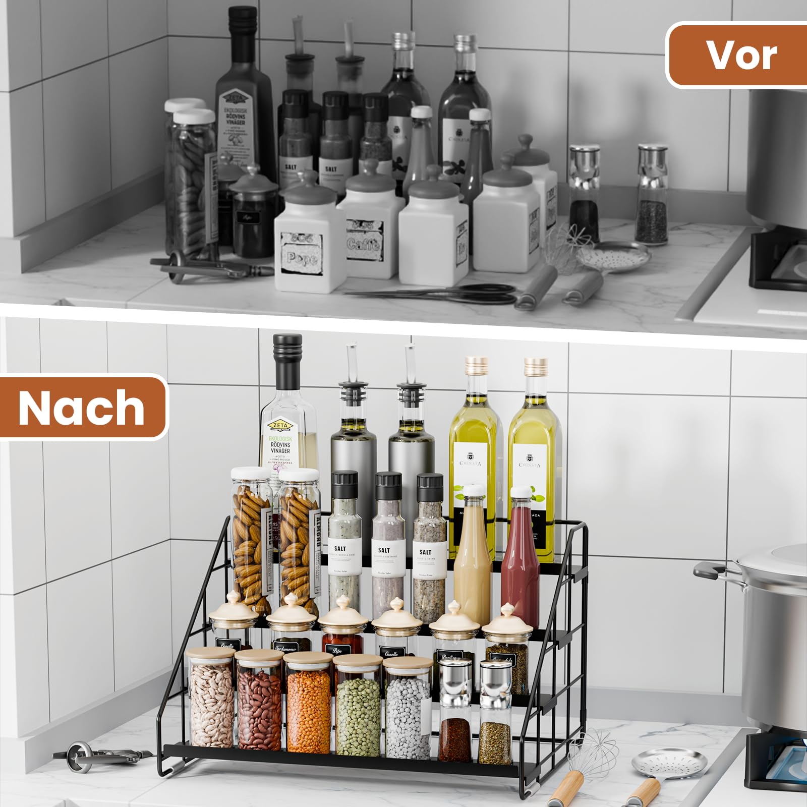 Lot de 2 étagères à épices debout à 4 niveaux, hauteur réglable (2/3/4 niveaux) et sans perçage, en métal noir, avec crochets en S et étiquettes, organisateur d'épices pour cuisine, armoire