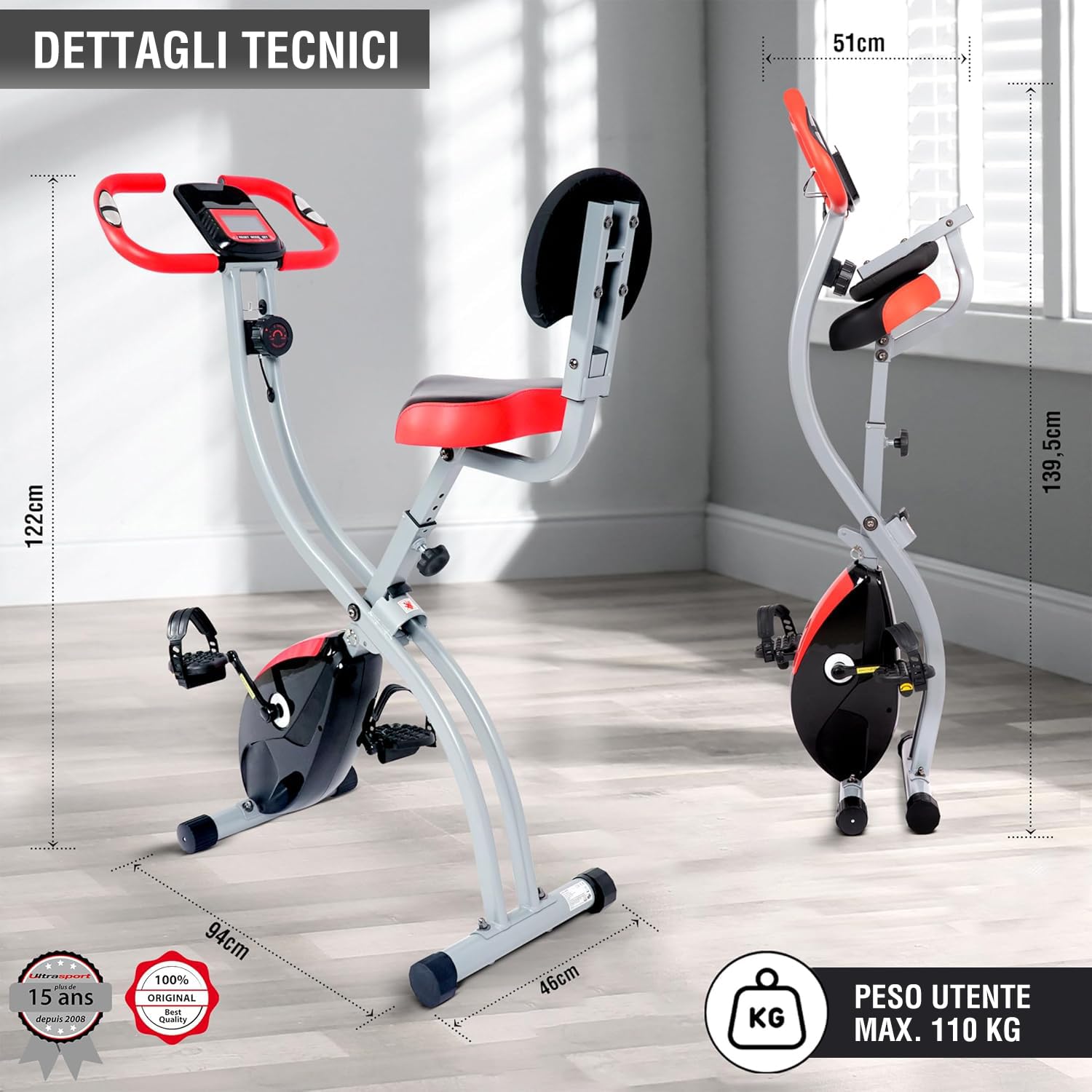 Ultrasport F-Bike 150/200, cyclette, 8 livelli di resistenza, supporto per tablet, sensori di battito manuale, pieghevole, salvaspazio, display LCD, per atleti e anziani