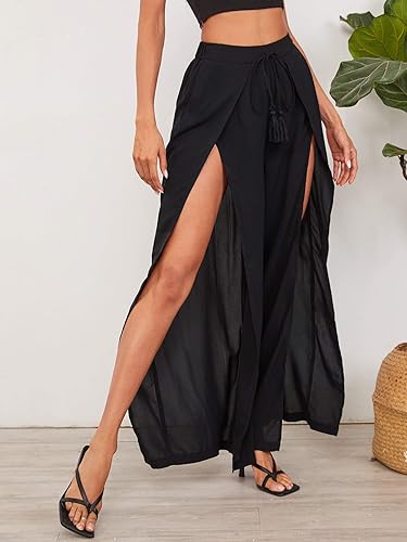 Miniatura 4 de WDIRARA Pantalones largos con cintura elástica dividida y pierna ancha con lazo frontal para mujer