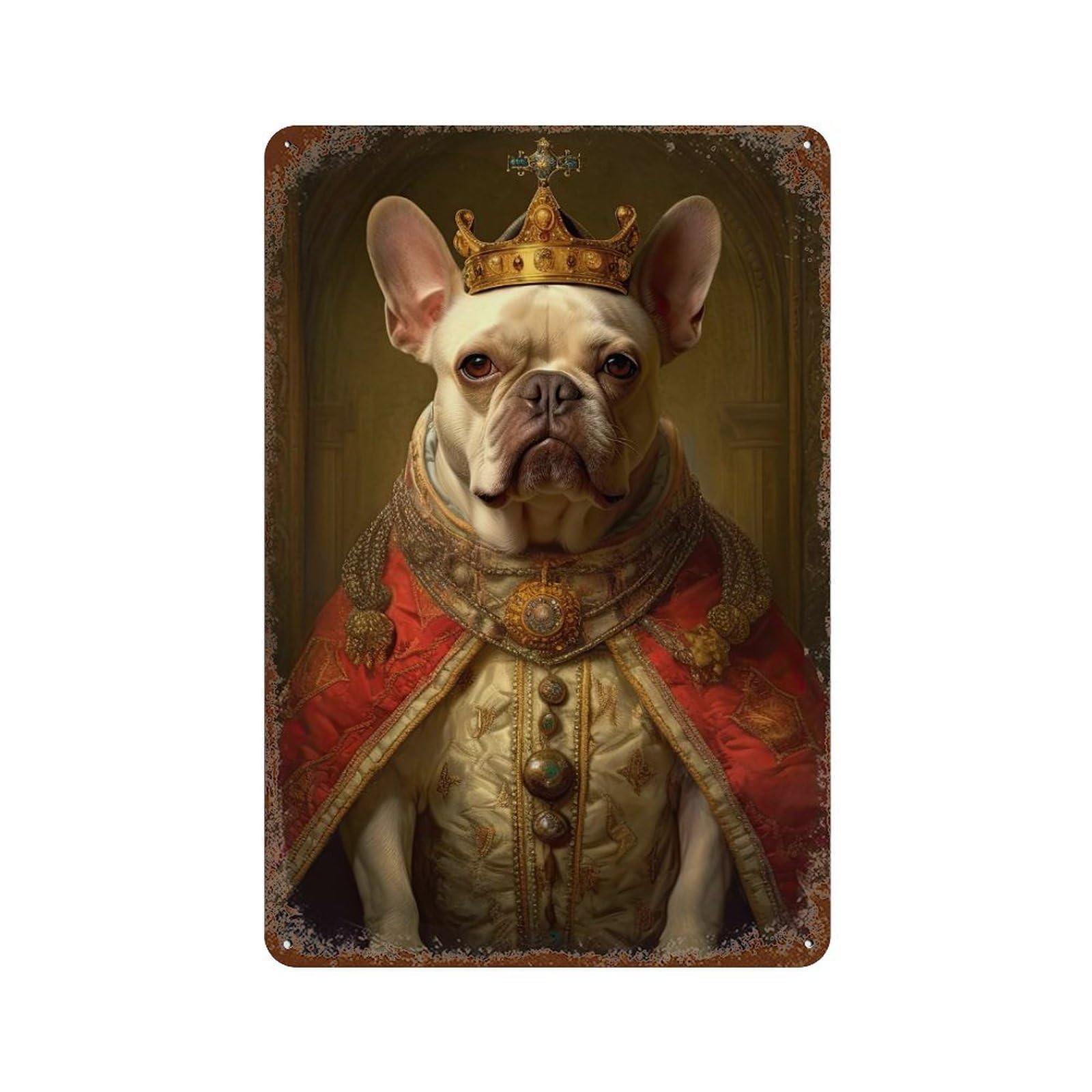 Weathered Tin Sign with Cream French Bulldog King Design 11.8"x7.9", for Shed, Workshop And Garage Wall Decor, Decorative Metal Wall Art