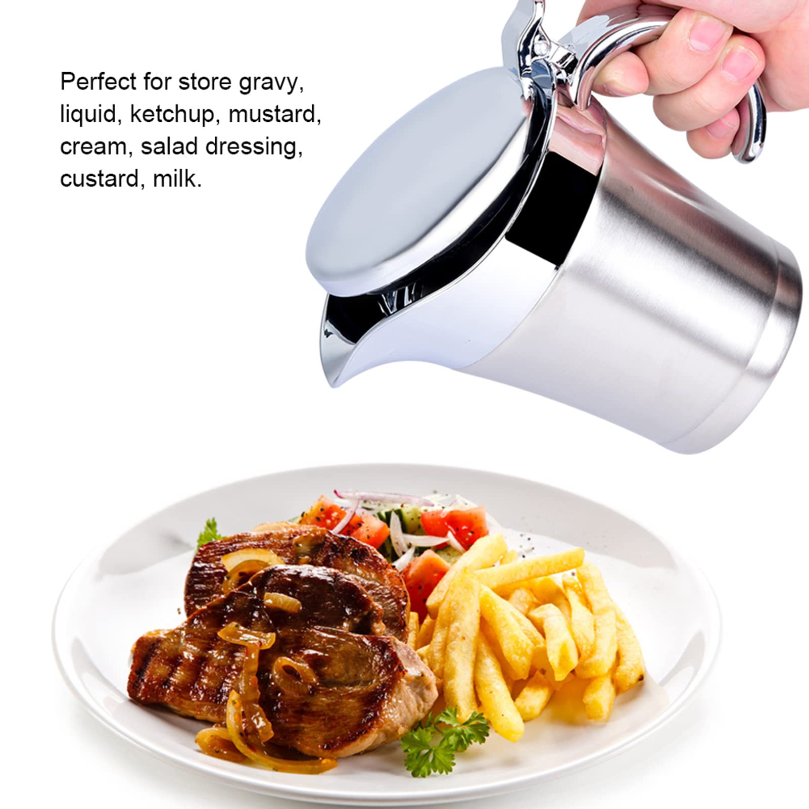 Salsiera in Acciaio Inox con Isolamento Termico a Doppia Parete Salsa Salsiera Tavolo da Pranzo Caraffa con Coperchio Salsa Ideale Pentola per Sugo, Panna, Crema Pasticcera(Small 450ml)