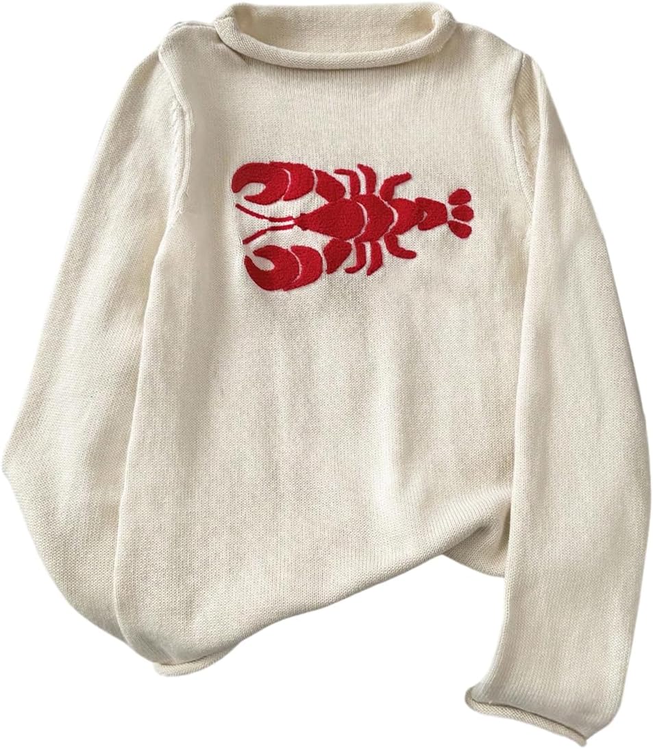 GORGLITTER Women's Lobster Sweater Dressy Mock Turtleneck Long Sleeve Knit Pullover Jumper