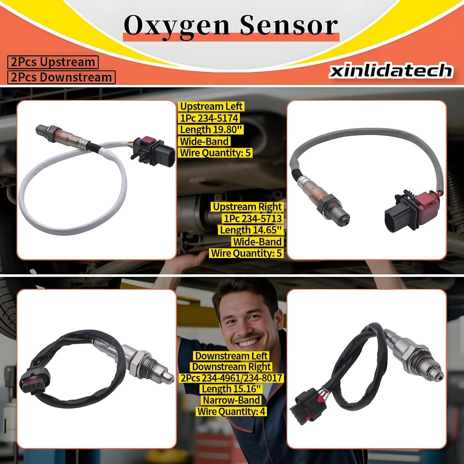 4Pcs Oxygen O2 Sensor Fit for Ford F150 2017 2018 2019 2020 3.5L Turbocharged Upstream Left 234-5174 Right 234-5713 Downstream 234-4961/234-8017