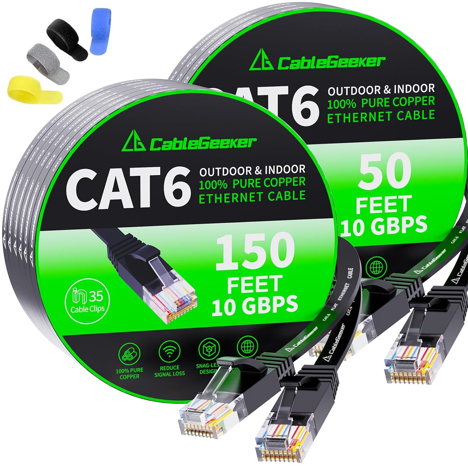 CableGeeker Cat6 Flat 150ft Black & Flat 50ft Black Ethernet Cable