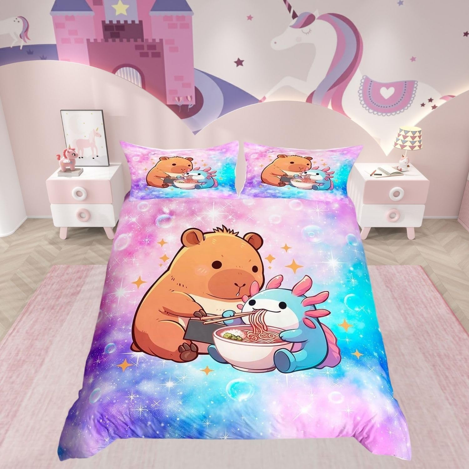 Homewish Cartoon Capybara Single Duvet Cover Set for Kids Girls - Single Size, 1 Pillowcase - Cute Axolotl Animal Print Bedding Set Pink Blue Gradient Galaxy Bed Sets with Colorful Stars Reverse โ image 1