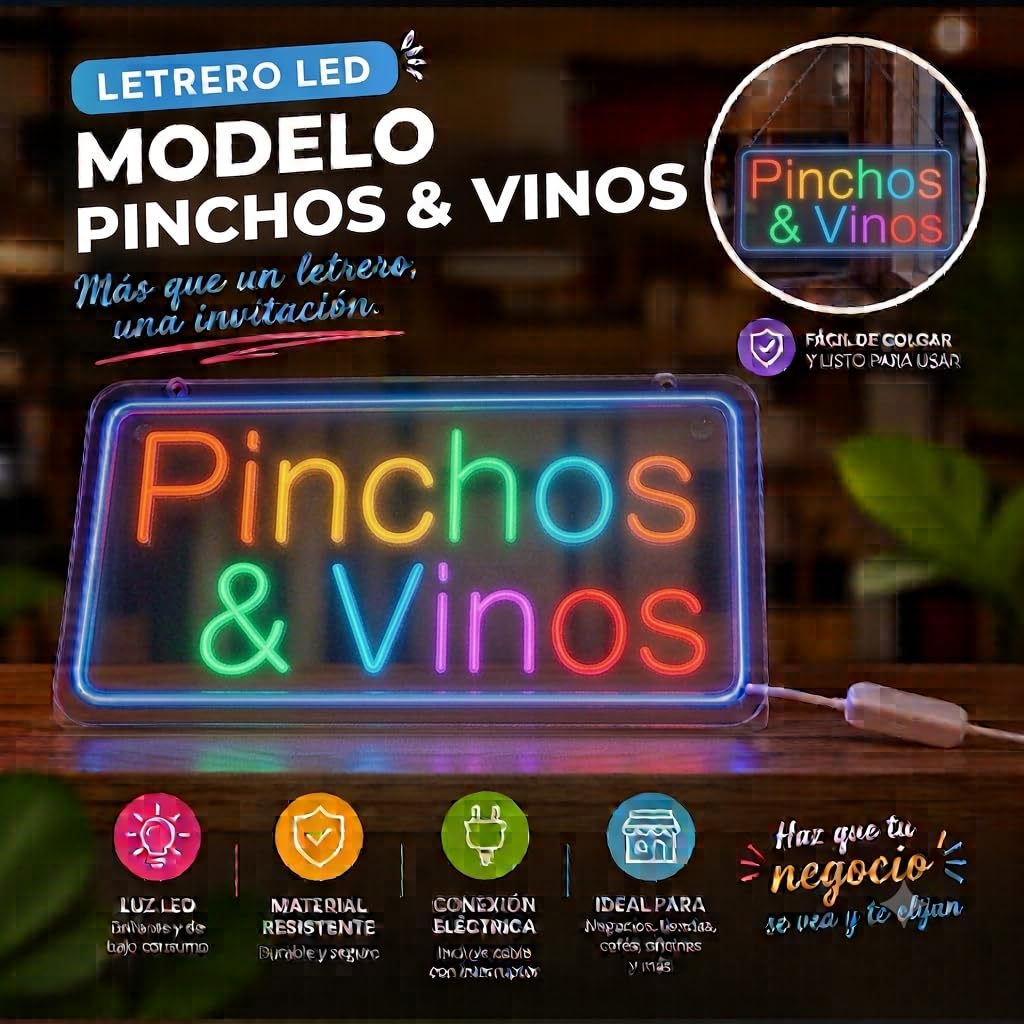 Letrero led neón flex Pinchos & vinos cartel metacrilato transparente medidas 40cm aproximadamente alimentacion 12 v