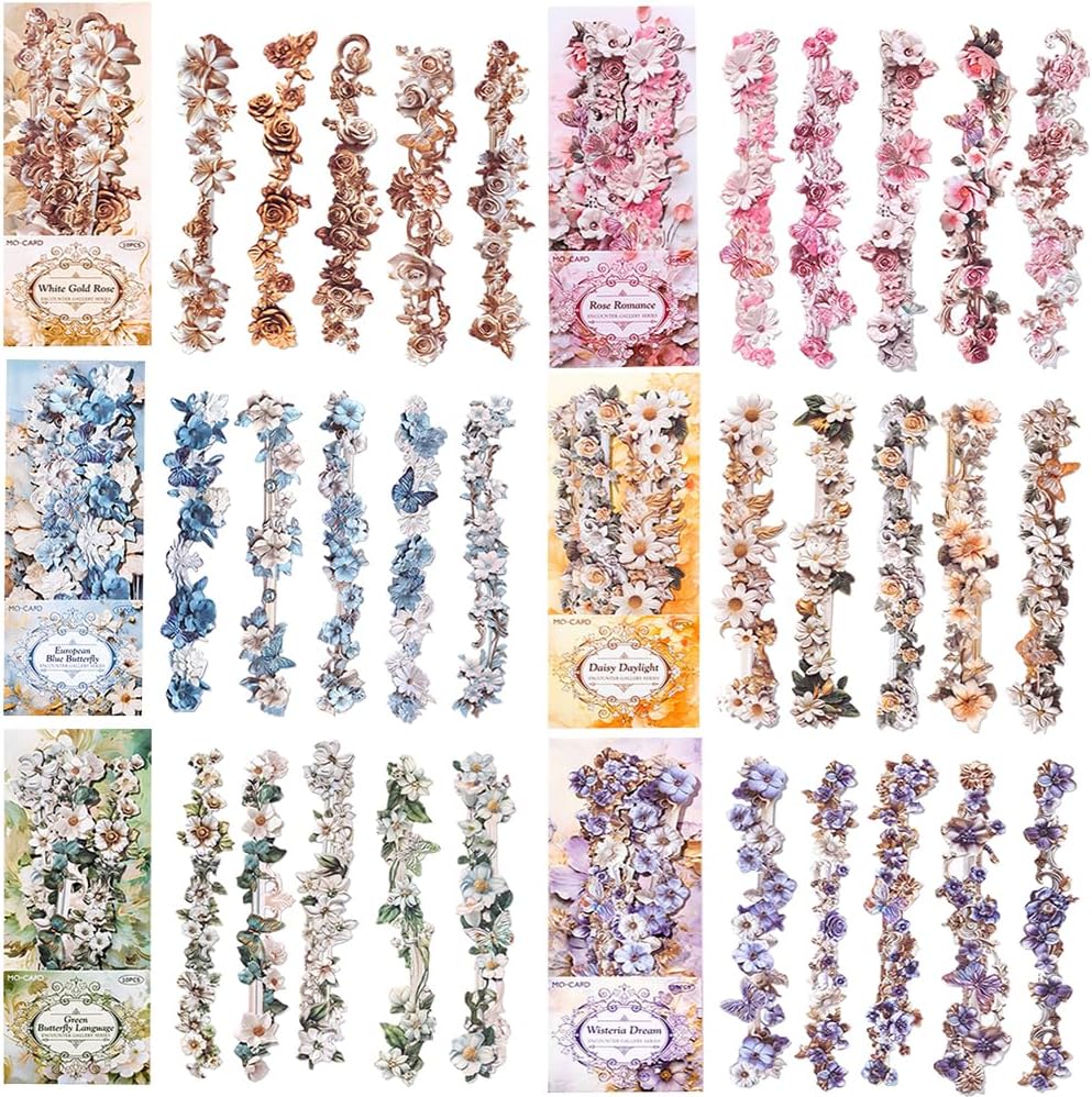 60pcs Vintage Flowers Scrapbook Kit Embossed Flower Stickers for Scrapbooking Journaling Scrapbook Stickers Aesthetic Long Strip Floral Sticker Pack Junk Journal Supplies Self-adhesive Decoupage Paper