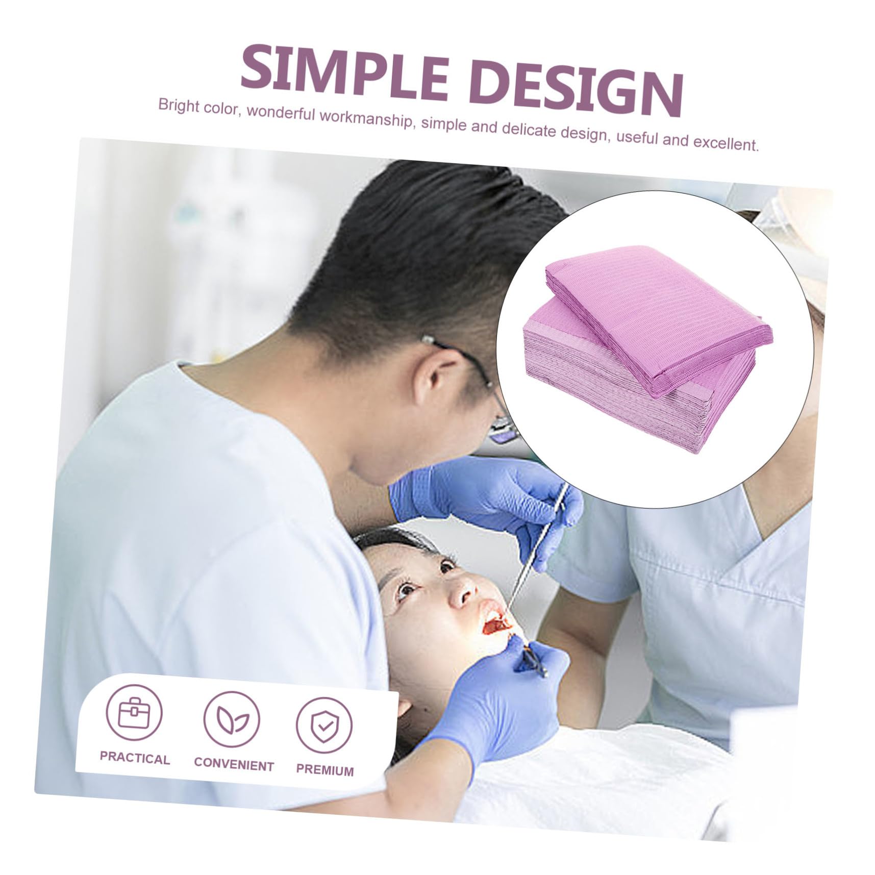 125 feuilles Bavoirs Dentaires Jetables Non-tissé Couleur Violette Pratiques et Sûrs pour Cabinets Dentaires et Soins Hygiène