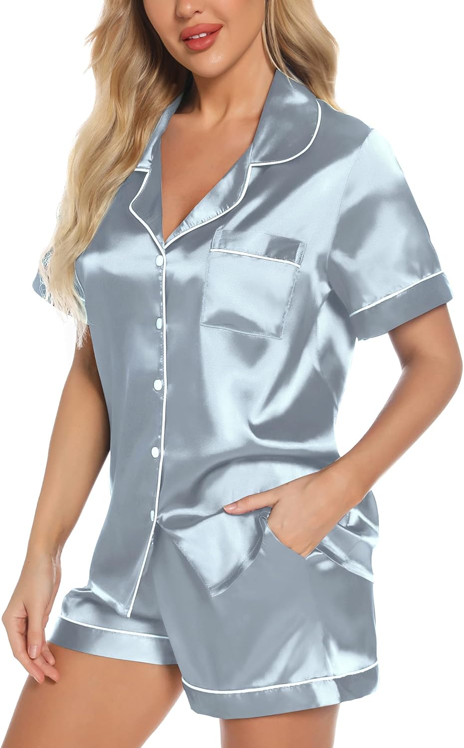 Samring Women's Silk Satin Pajamas Set Short Sleeve Sleepwear Two Piece Button Down Pj Set with Pockets S-XXL - Image 3