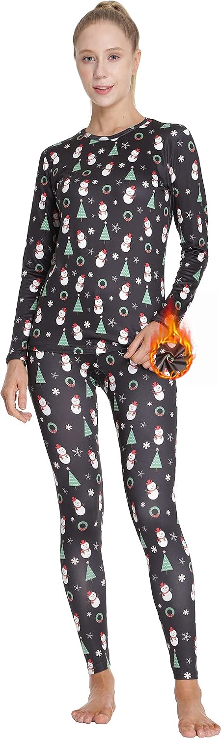 MANCYFIT Thermal Underwear for Women Long Johns Set Fleece Lined Ultra Soft Christmas Design X-Large