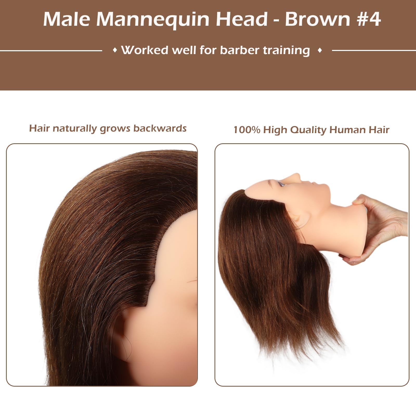 Testa per Parrucchieri Uomo Capelli Veri 100% Manichino Formazione Acconciature Taglio di Capelli Maschile Marrone 35cm