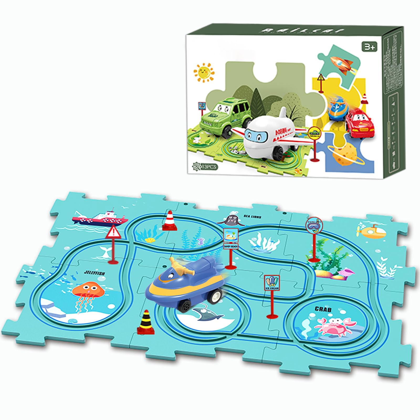 Plastic Puzzles Track Play Set Toy Vehicle, Fun Rail Car Building Toys for Kids Ages 3+ Years, Preschool Educational Montessori Toy Jigsaw Set Gift - Ocean Series