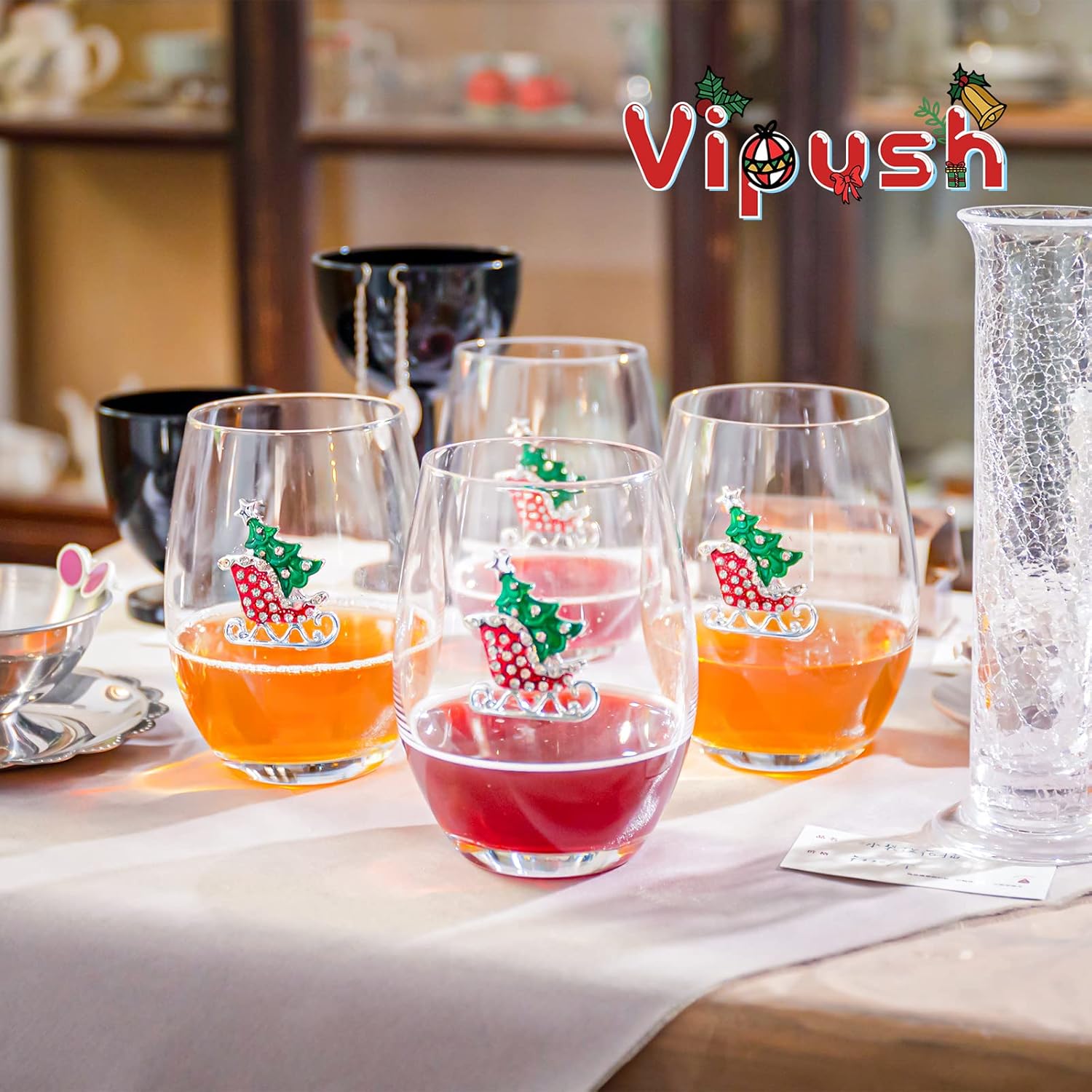 Vipush Christmas Wine Glasses Set of 4-18 Oz Drinking Cups with Crystal Xmas Stemless Holiday Wineglass Gift Winter Glassware Diamond-encrusted Cups - Image 6