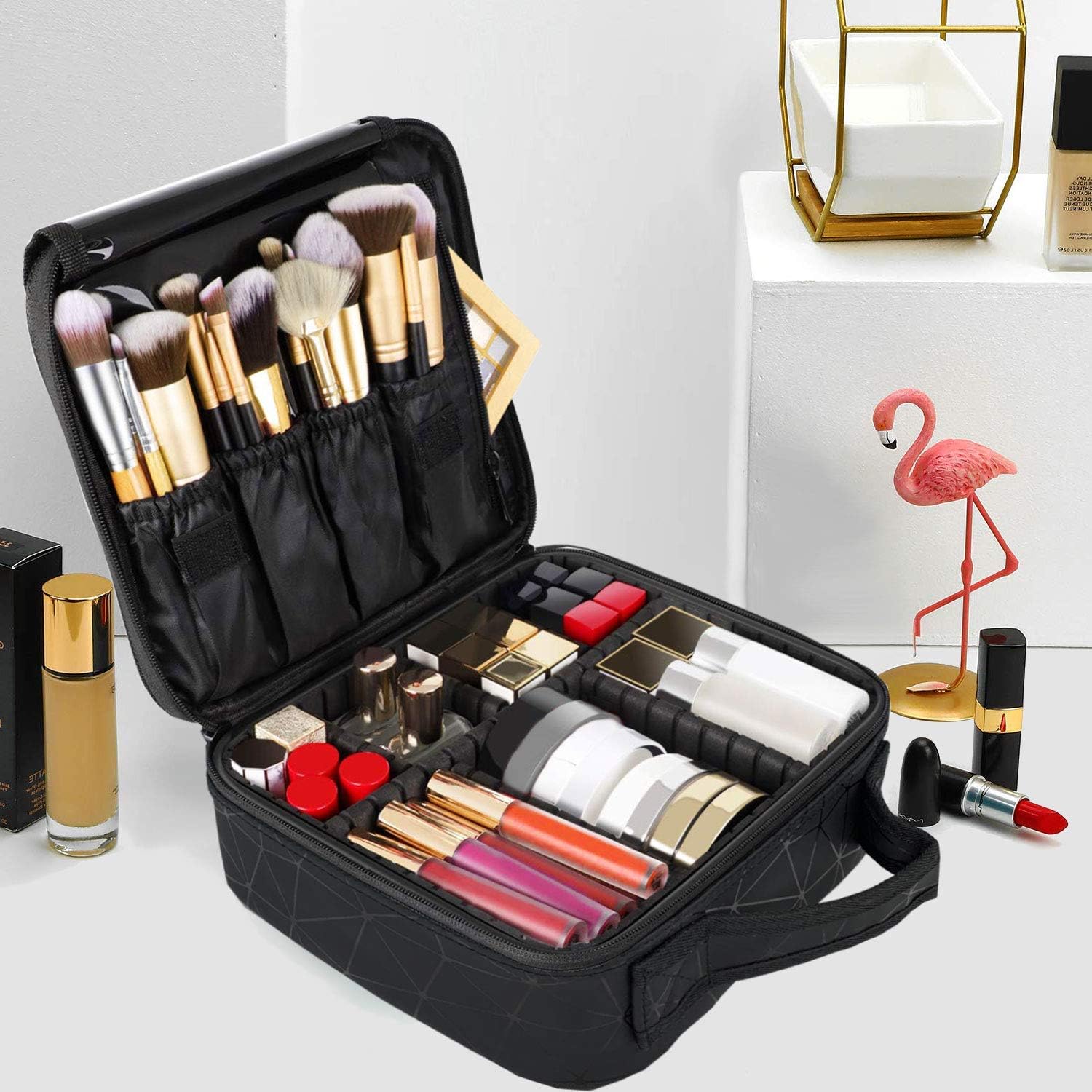 House of Quirk Makeup Cosmetic Storage Case with Adjustable Compartment, Black Diamond, S, Travel Accessories image 5