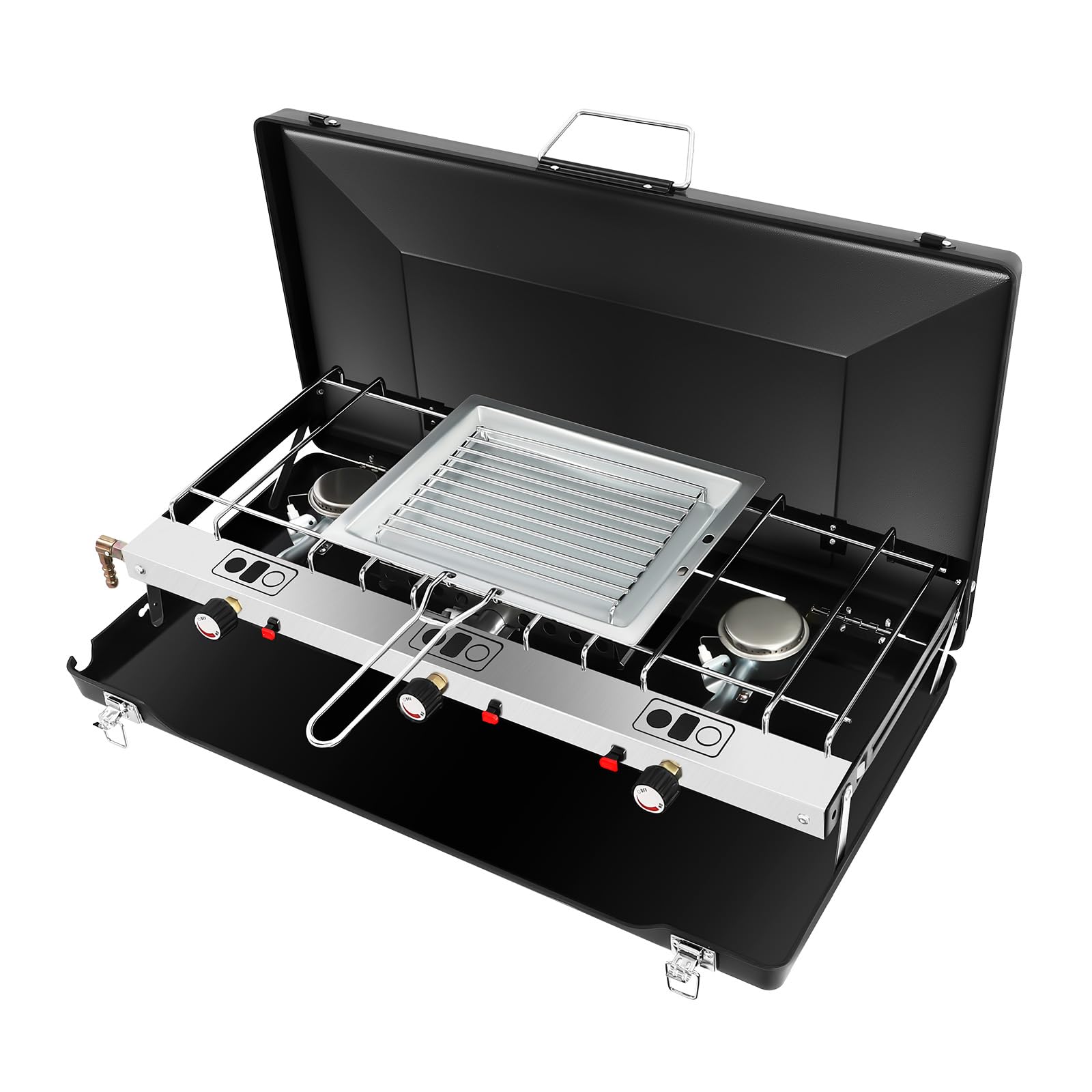 Fornello da campeggio a 3 fuochi con coperchio, fornello a gas a 3 fuochi con piastra grill, accensione piezoelettrica, 4,5 kW, pieghevole, controllo della temperatura, per campeggio, barbecue, feste